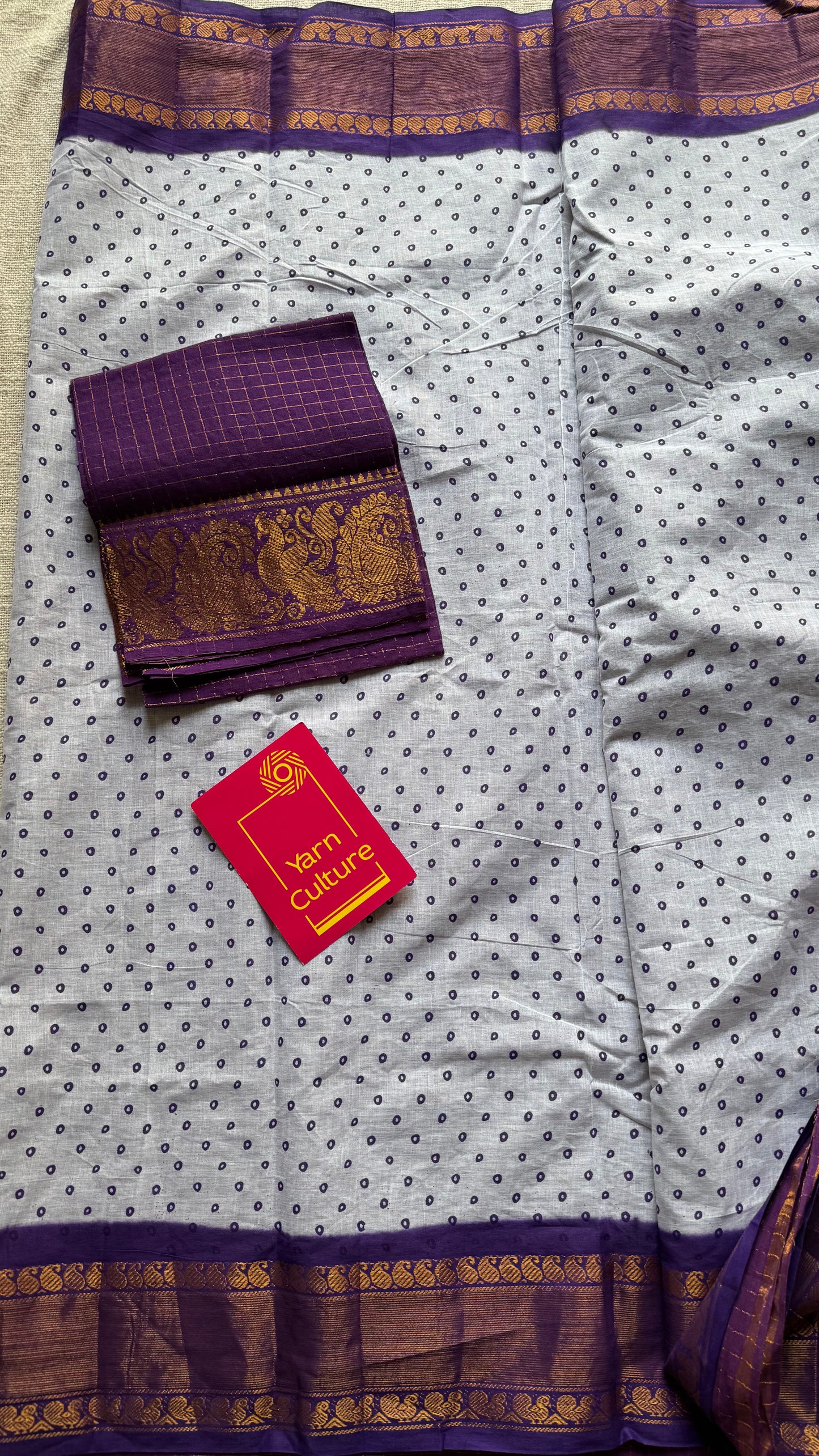 White with purple, sungudi cotton half-half saree - YCCOTNMSFE373