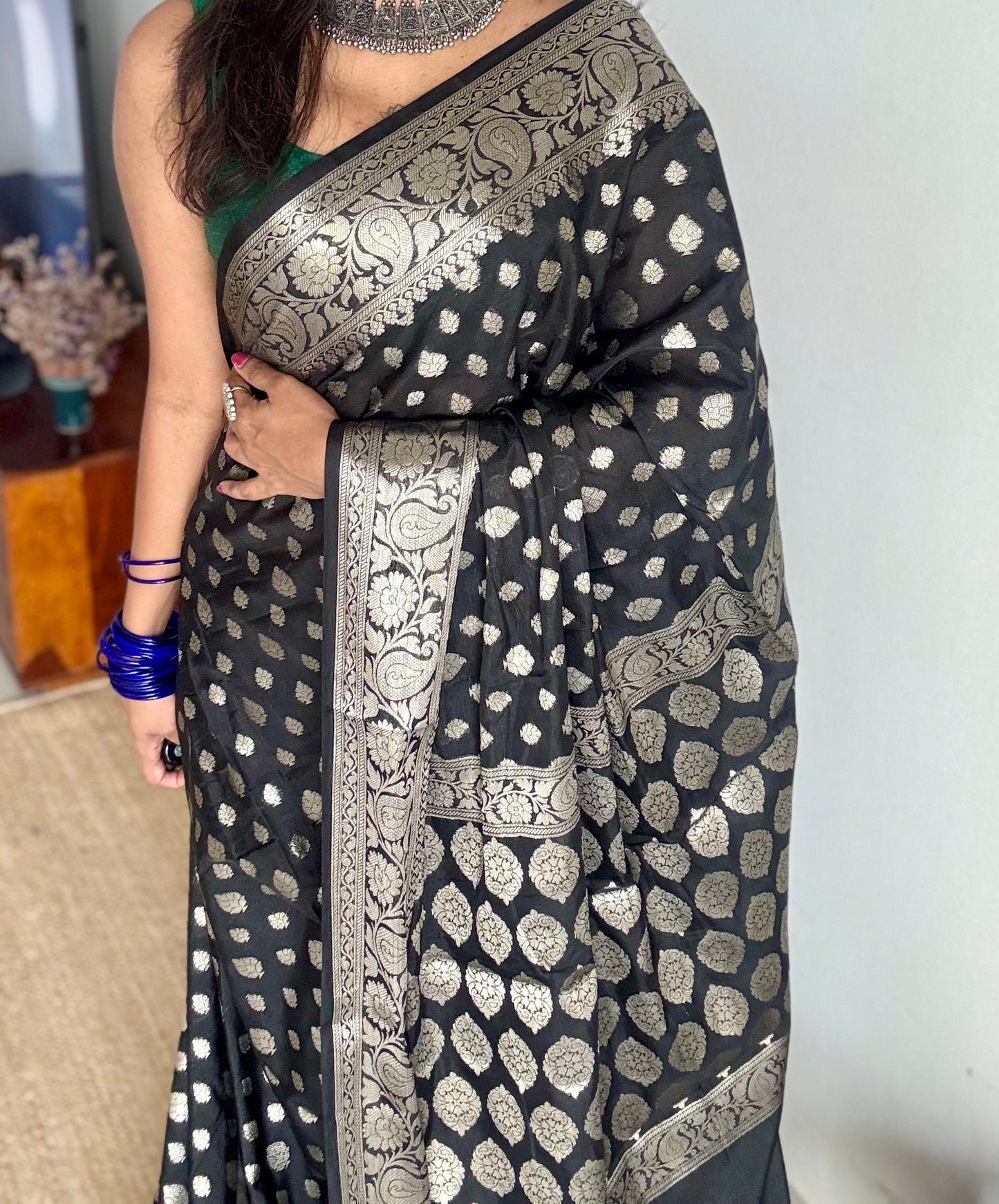 Black, silver buttas and zari, Banarasi semi-silk - YCDESE45
