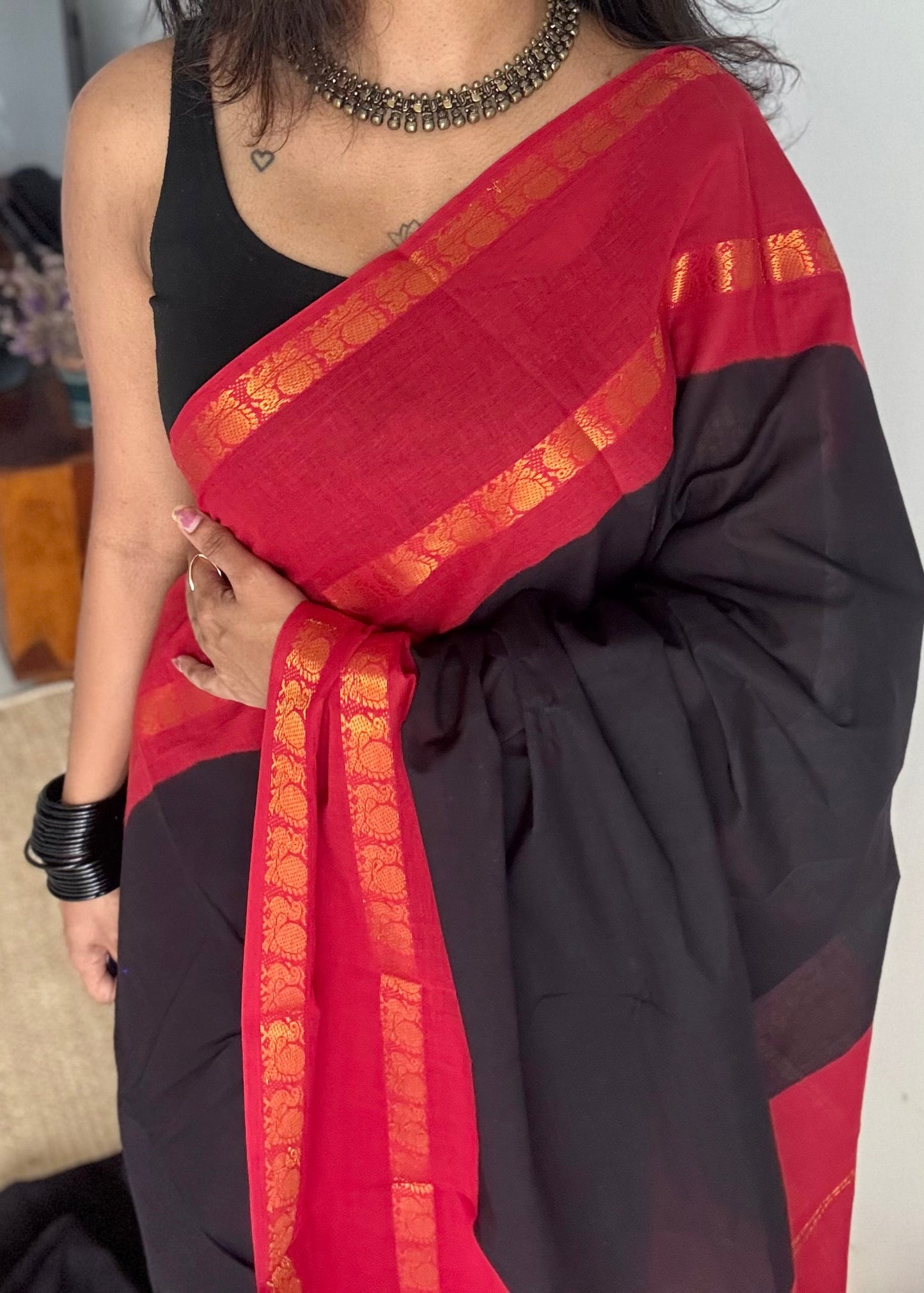 Black with red, rettaipettu sungudi, soft cotton - YCCOTNJSUN05
