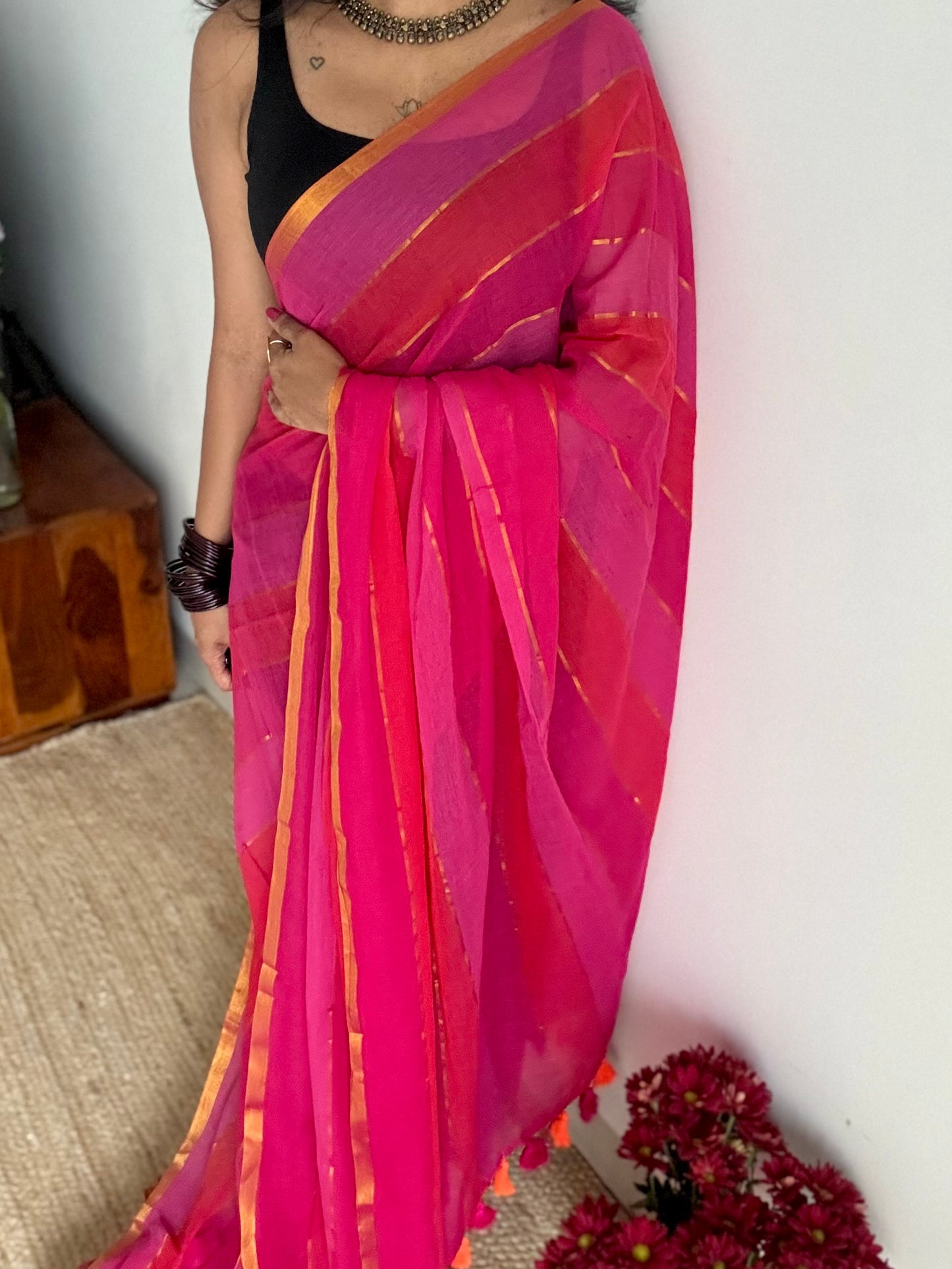 Orange and pink mul with gold multicoloured broad stripes - YCBCMCLSE48