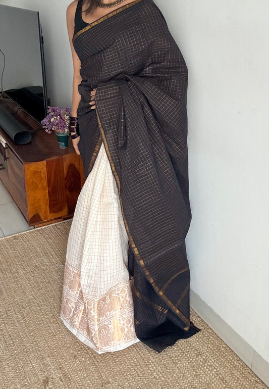 Black with ivory, sungudi cotton half-half saree - YCCOTNMSFE347