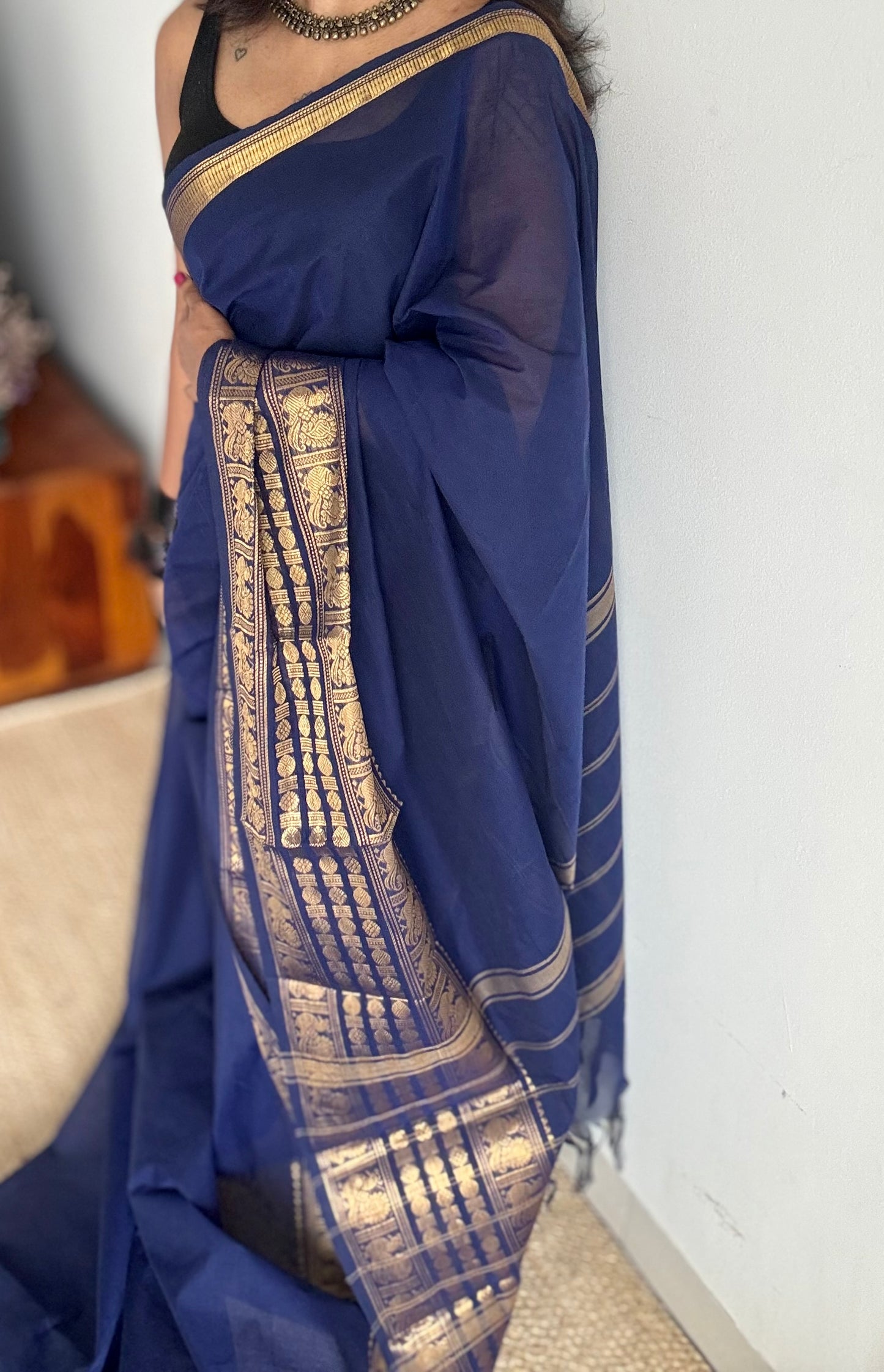 Dark blue with single side broad zari border, chettinad cotton - YCCOTNAUC55
