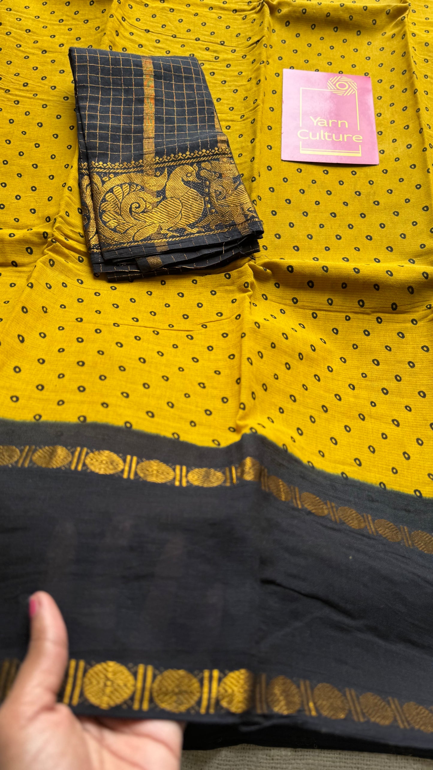 Yellow with black, sungudi motif and rudraksham border, madurai soft cotton - YCCOTNAUSC02