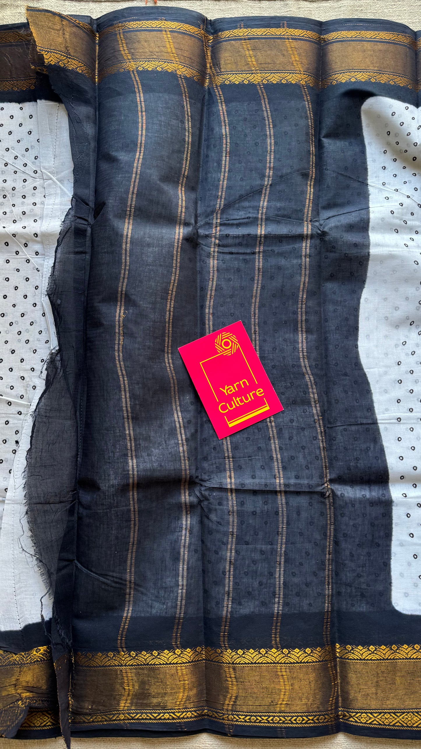 White and black with antique gold zari border, kattuchayam dyed madurai cotton saree - YCCOTNMSFE94