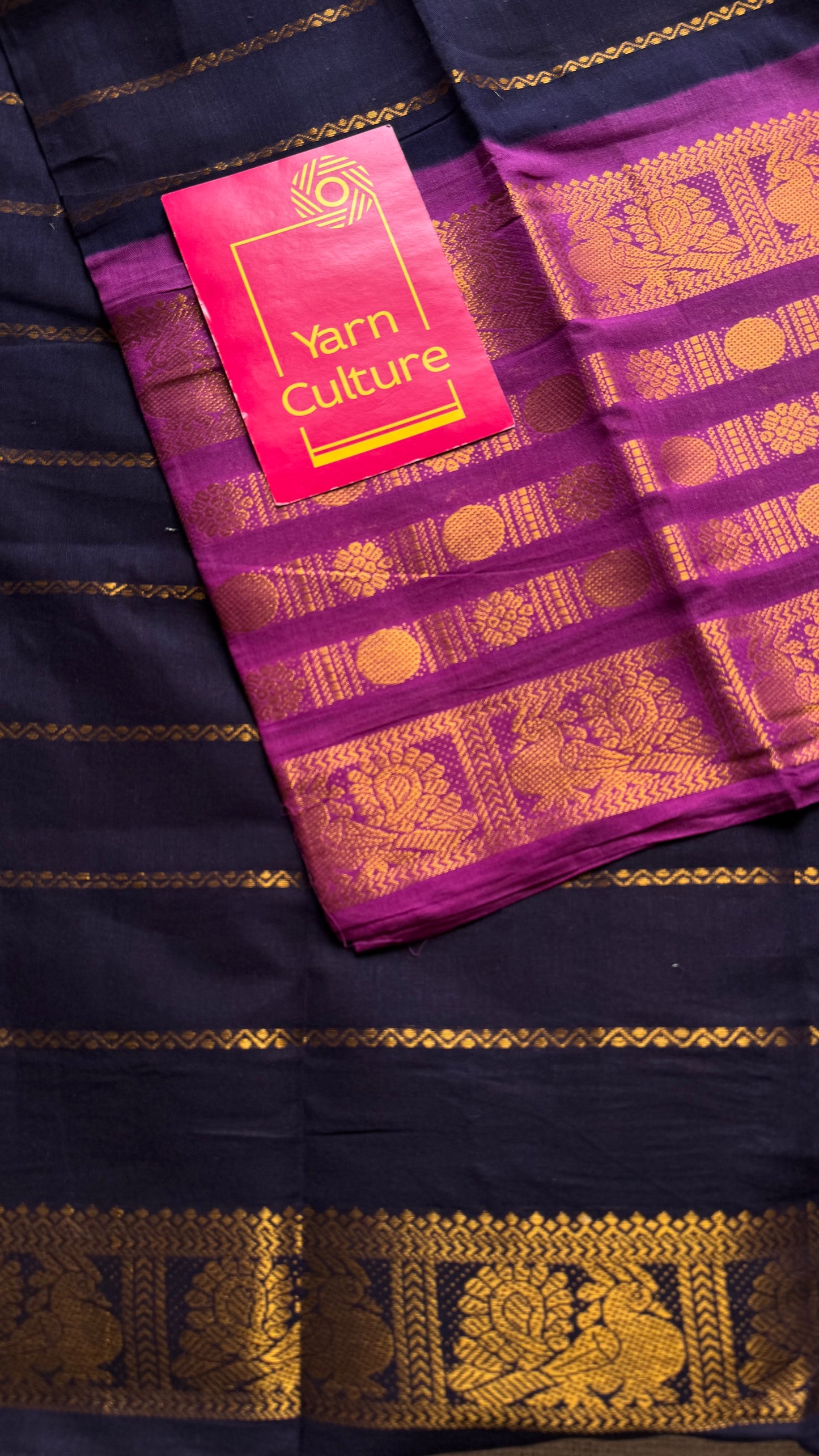 Dark blue with purple pink (vadamalli), peacock rudraksham motif, single side broad zari - madurai kattuchayam dyed - YCCOTNAURS18