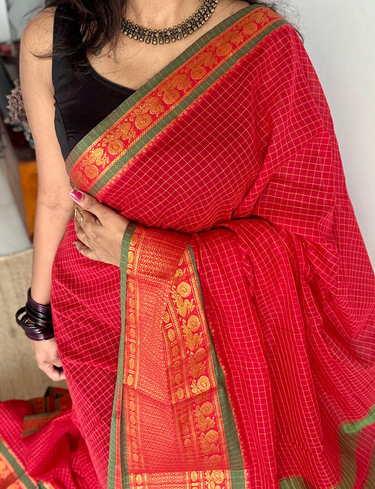 Red checks with zari border, premium narayanpet, soft cotton - YCWOTDOCNP05