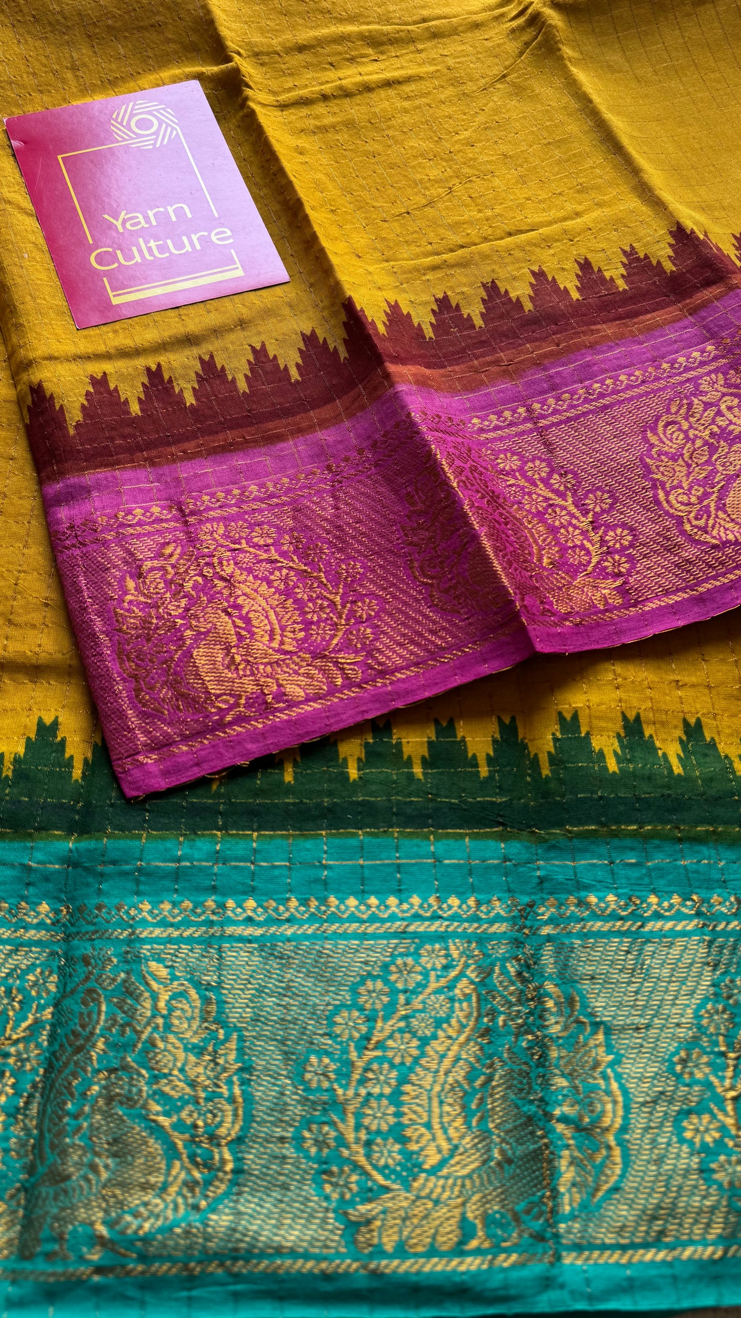 Sungudi cotton checks, mustard yellow base, turquoise and magenta dual tone border, soft cotton - YCCOTNGJJA179