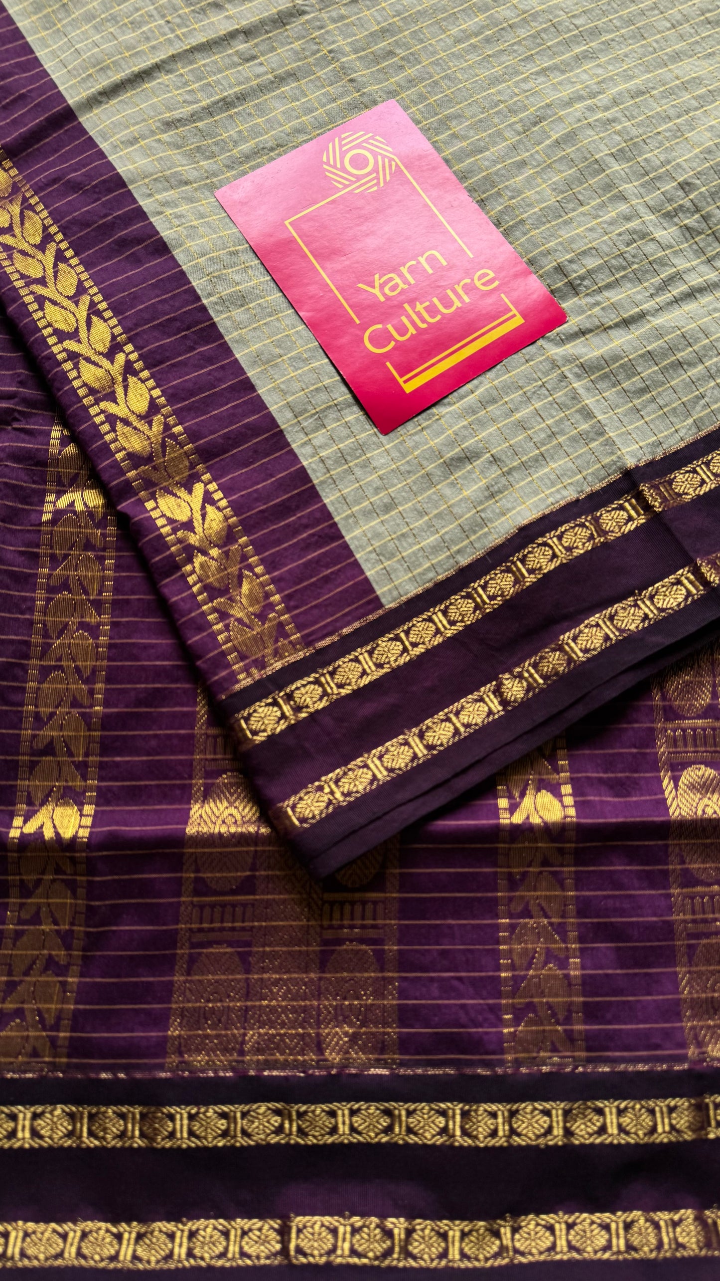 Grey with wine contrast arani checkered saree, cotton silk - YCCOTNMA276