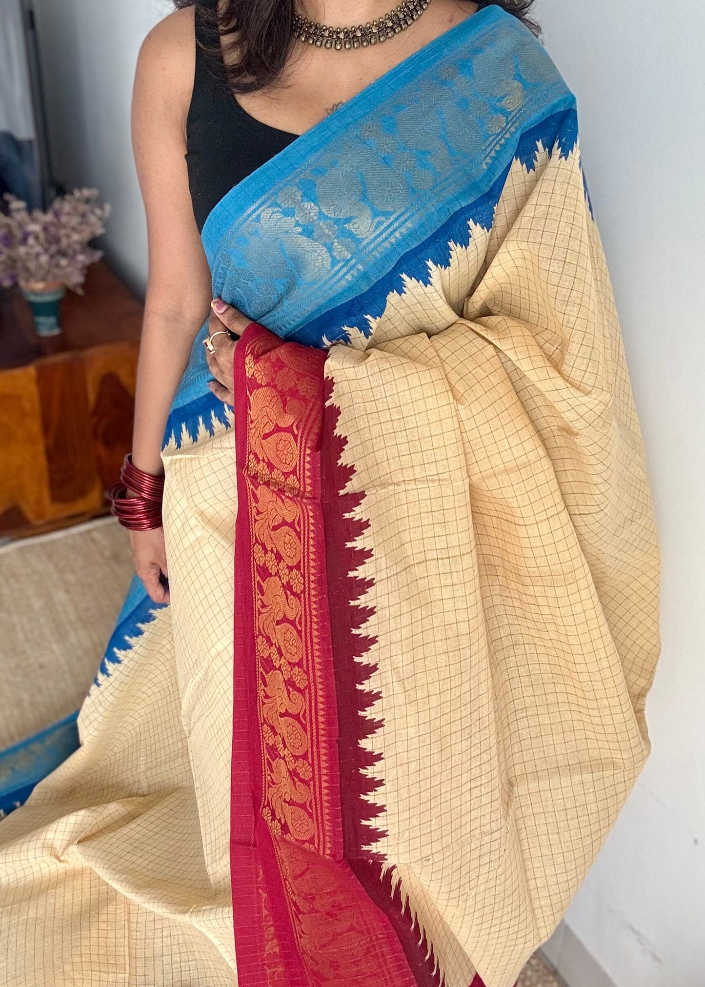 Blue - red sungudi cotton checks, sandal colour base, soft cotton - YCCOTNJSUN01