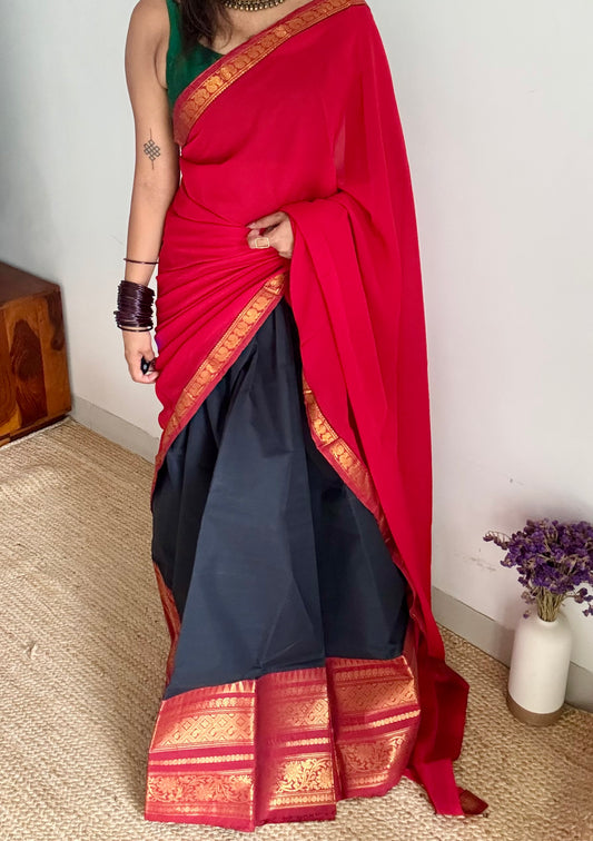 Black - Red unstitched half saree material (dhavani), kanchi cotton - YCIEHS212