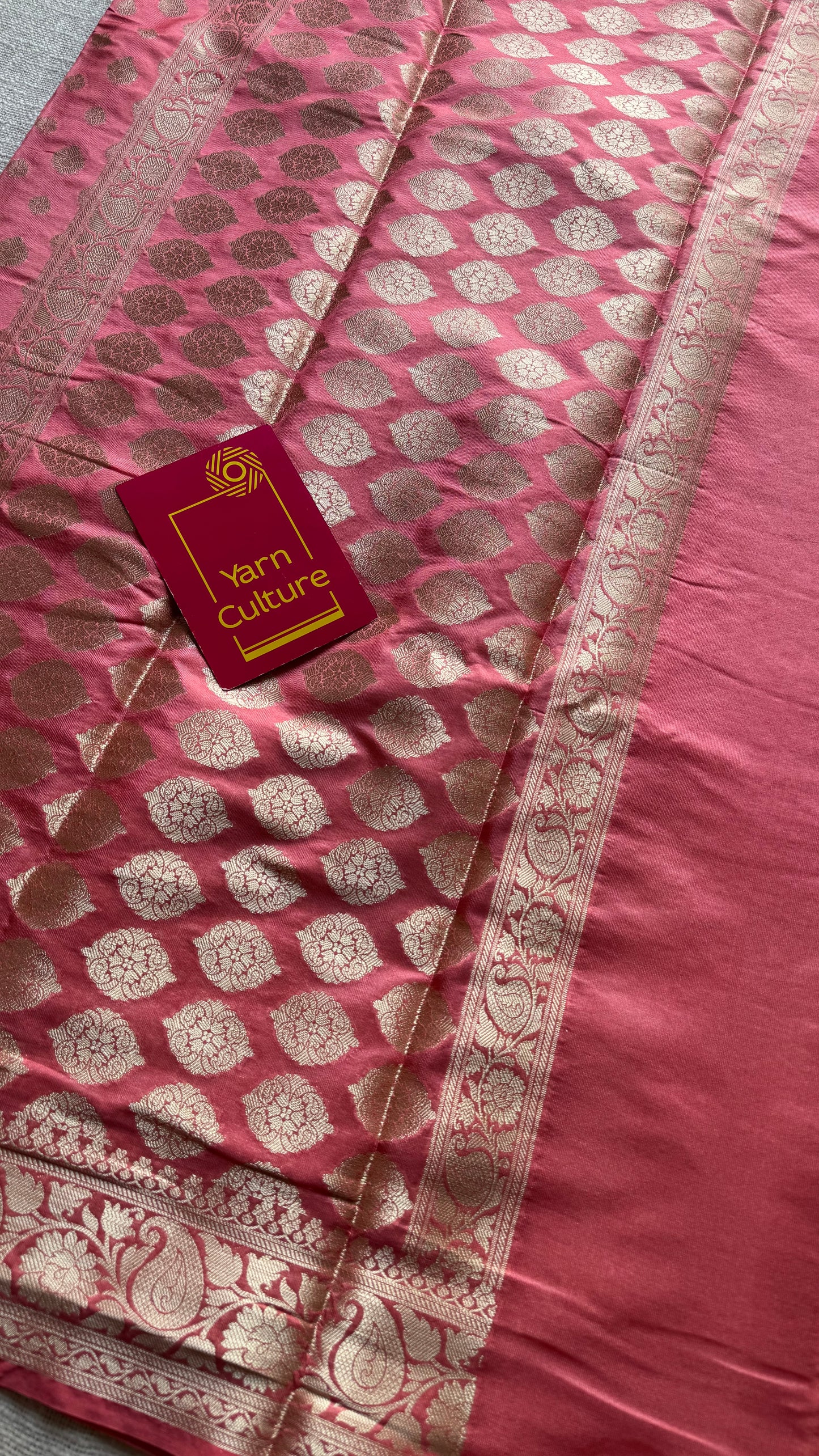 Peach pink, muted gold buttas and zari, Banarasi semi-silk - YCDESE41