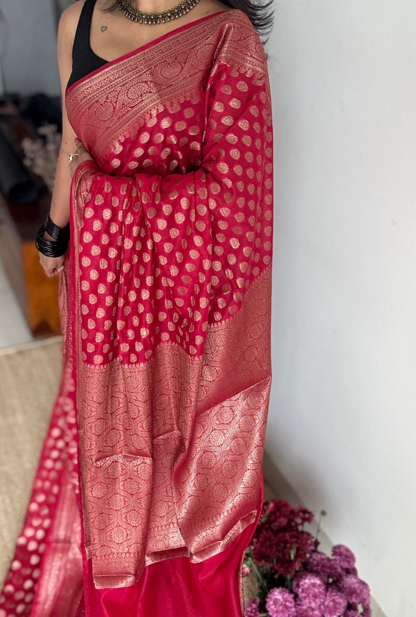 Vermilion - Bright red, antique gold zari, Banarasi semi georgette - YCBLFEGAGZ17