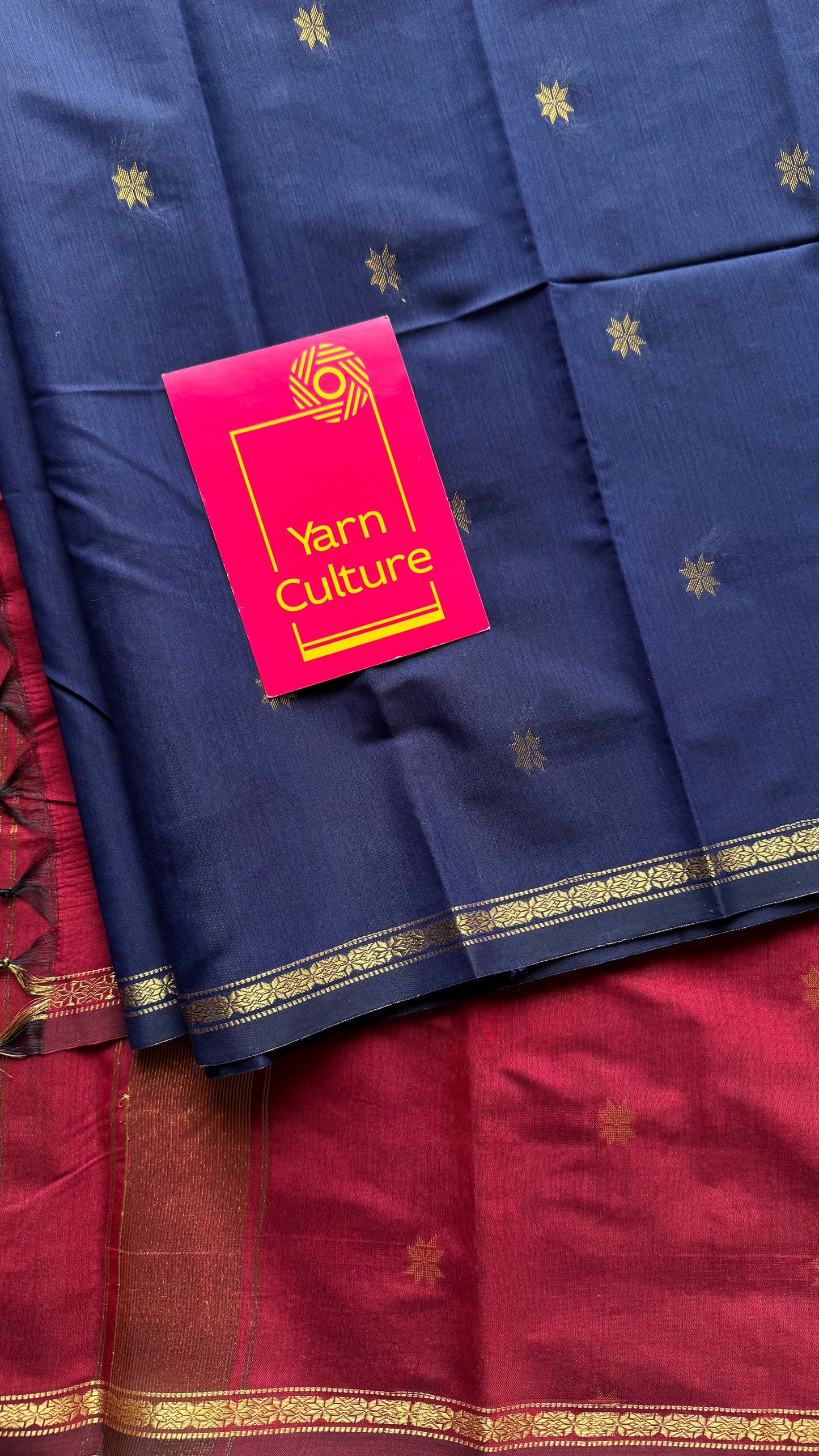 Dark blue with red, gold buttas, semi maheshwari cotton silk - YCCOTNFEJUSM05