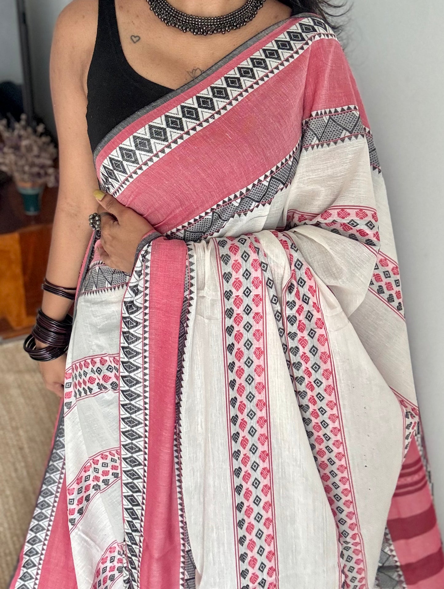 Pure Dhaniakhali tant in white, red and black patterened border - YCBCDP23