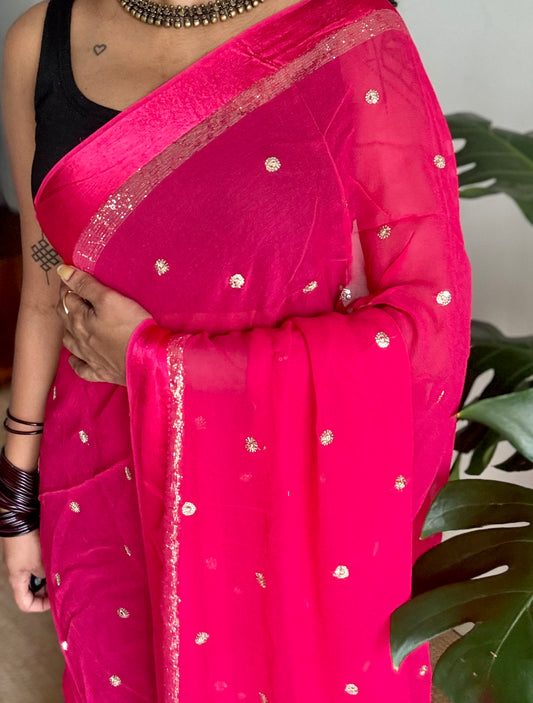 Rani pink viscose georgette saree, gold buttas, satin border - YCDOSOC46