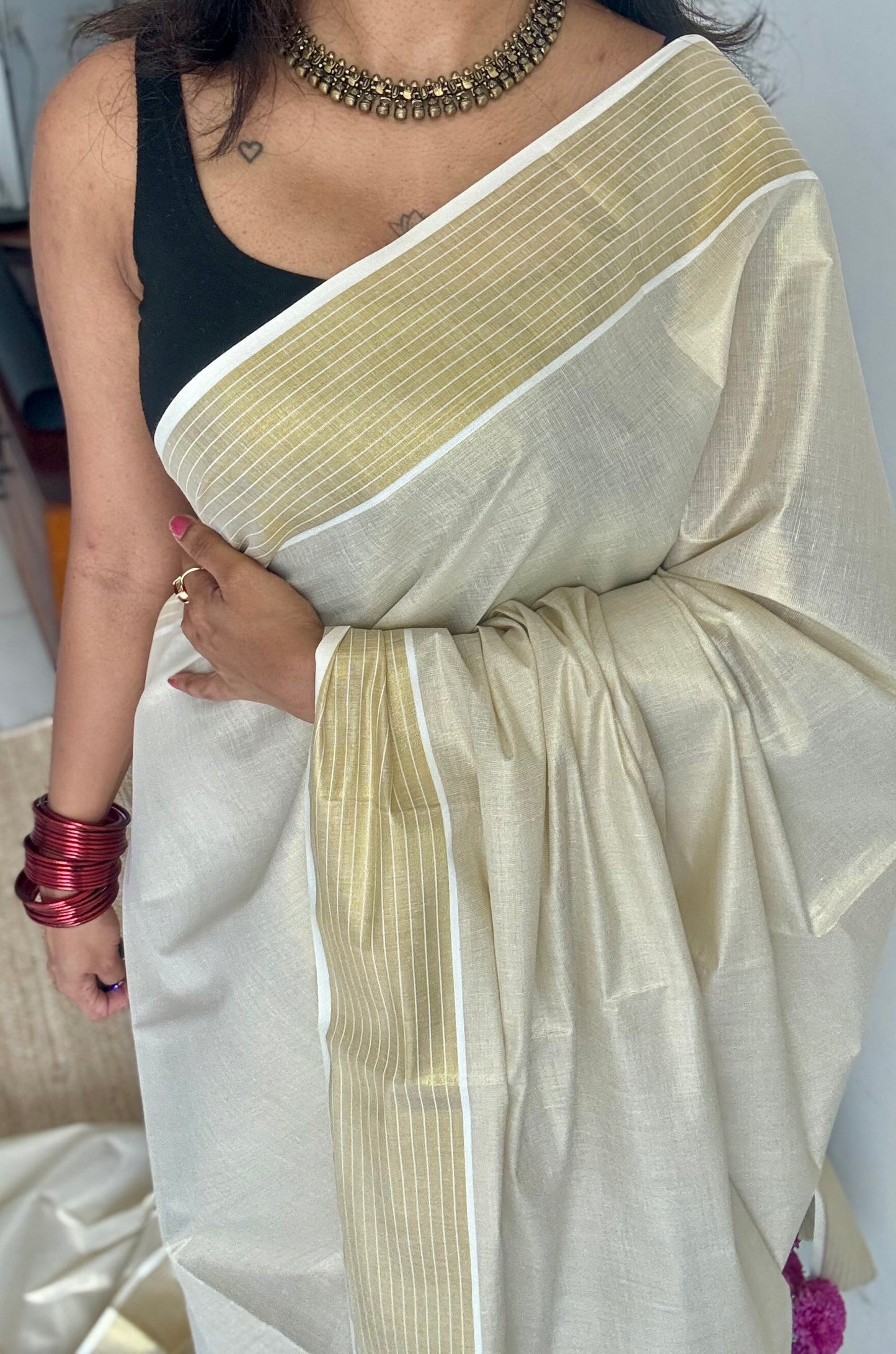 Ivory and gold tissue with striped border, kerala soft cotton - YCON25MC271