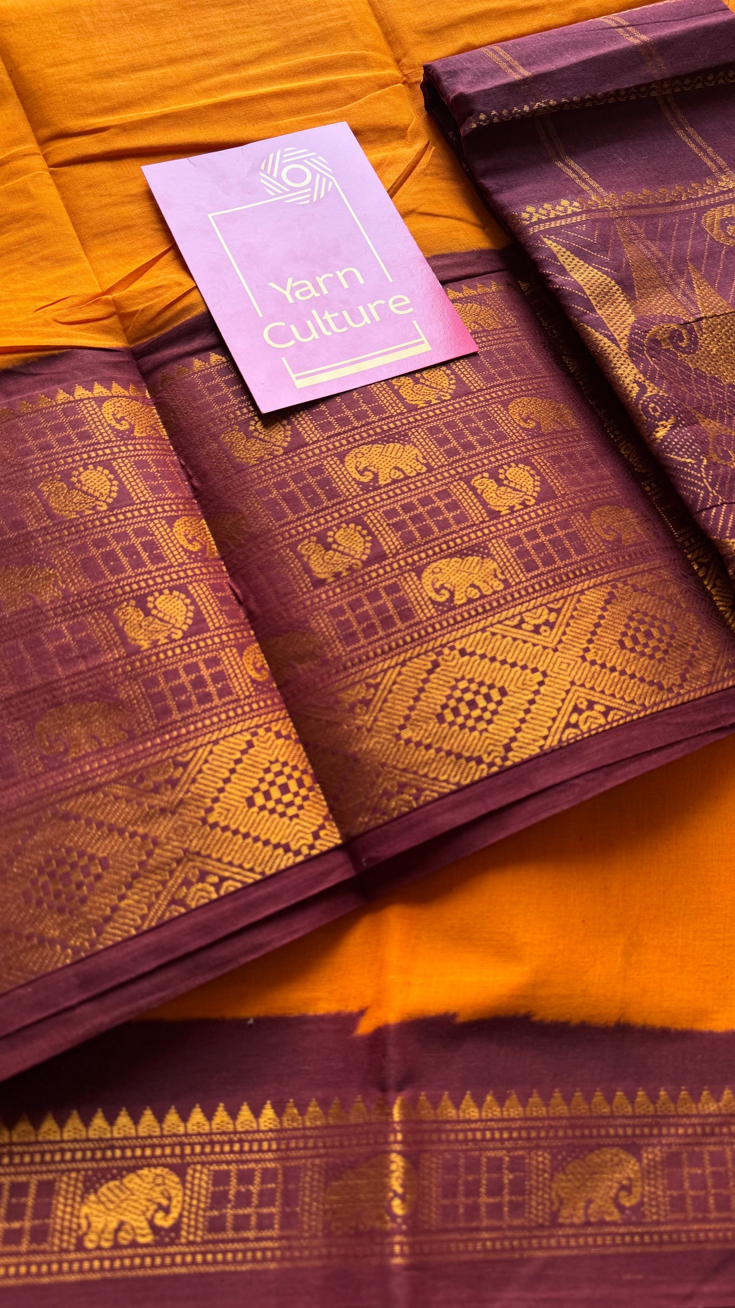 Mango yellow with maroon border, sungudi, madurai soft cotton - YCCOTNSUJA02