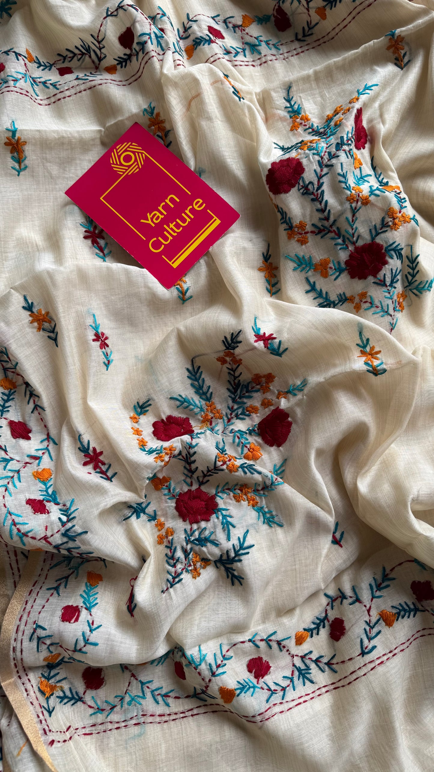 Ivory maheshwari cotton silk blend with red and blue floral kantha threadwork - YCBLJULMK03