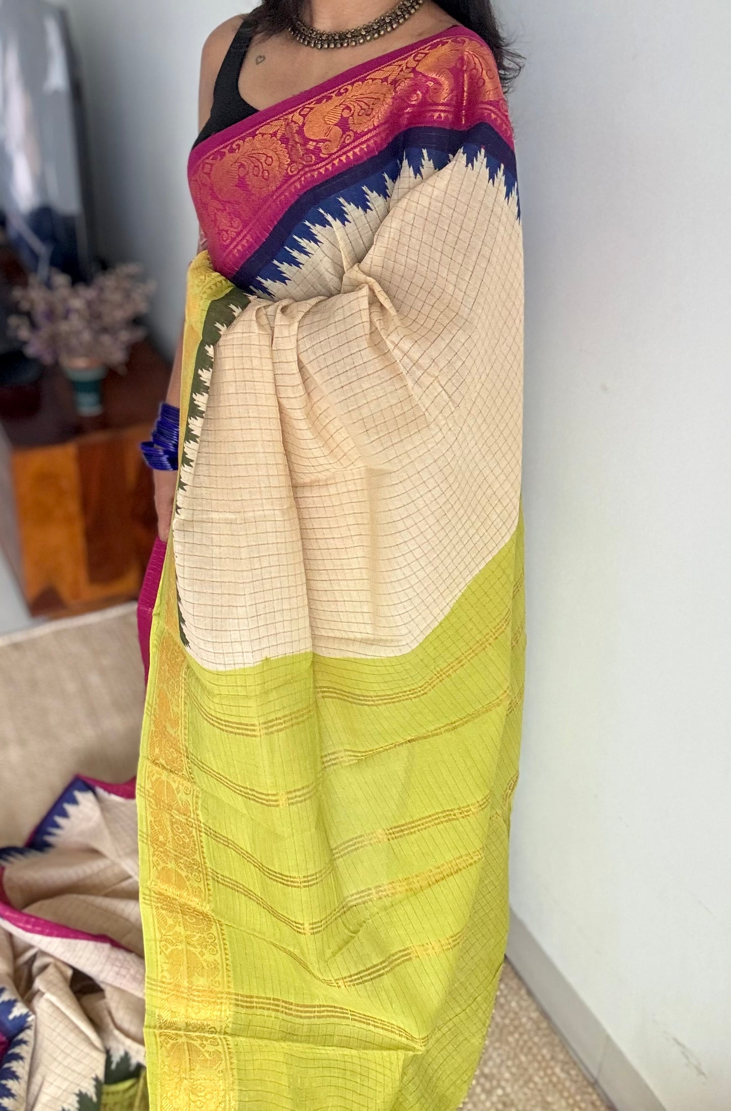 Magenta - bright green sungudi cotton checks, sandal colour base, soft cotton - YCCOTNJSUN07