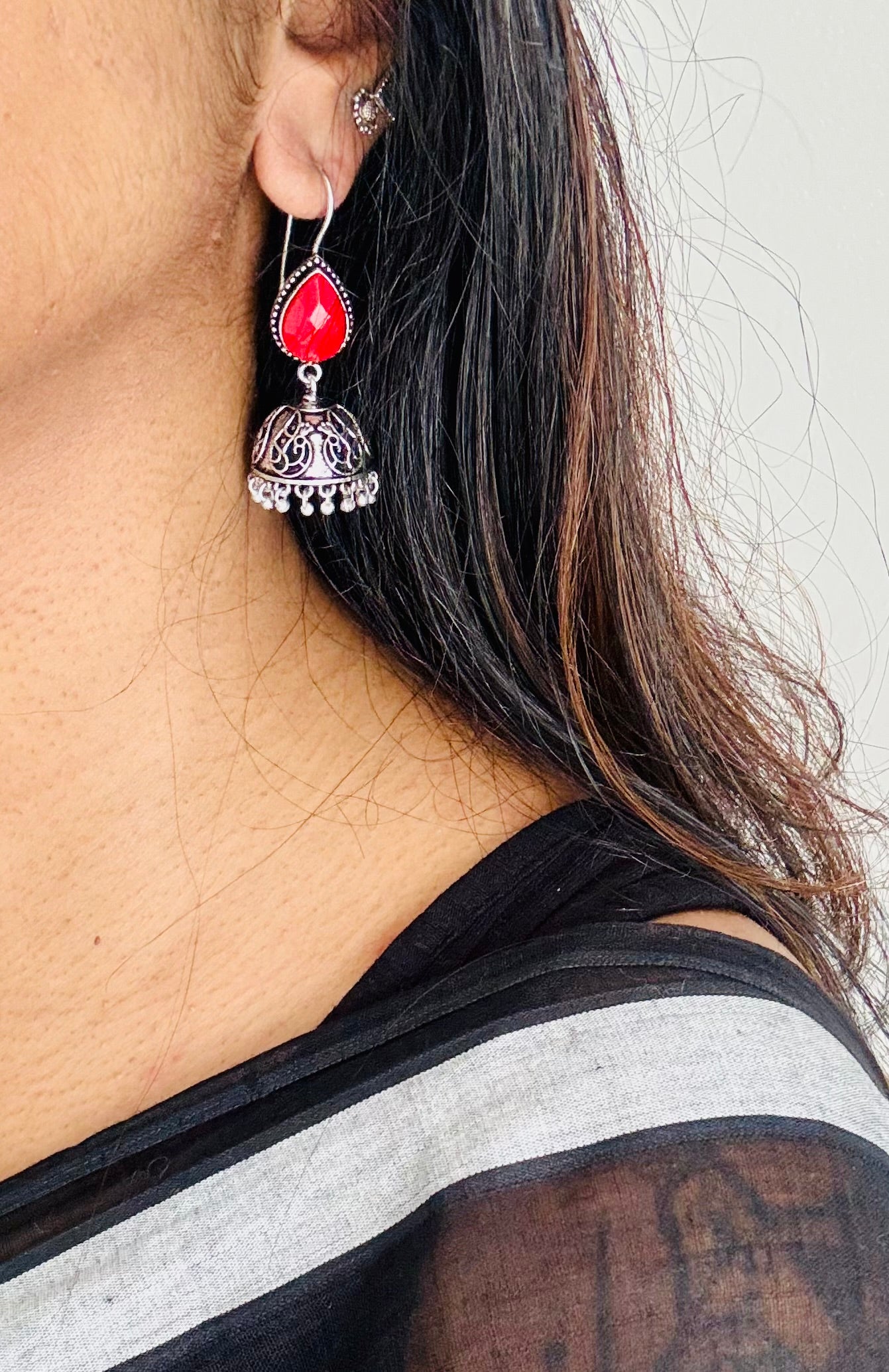 Oxidised silver hook earrings, red stone - YCOSED249
