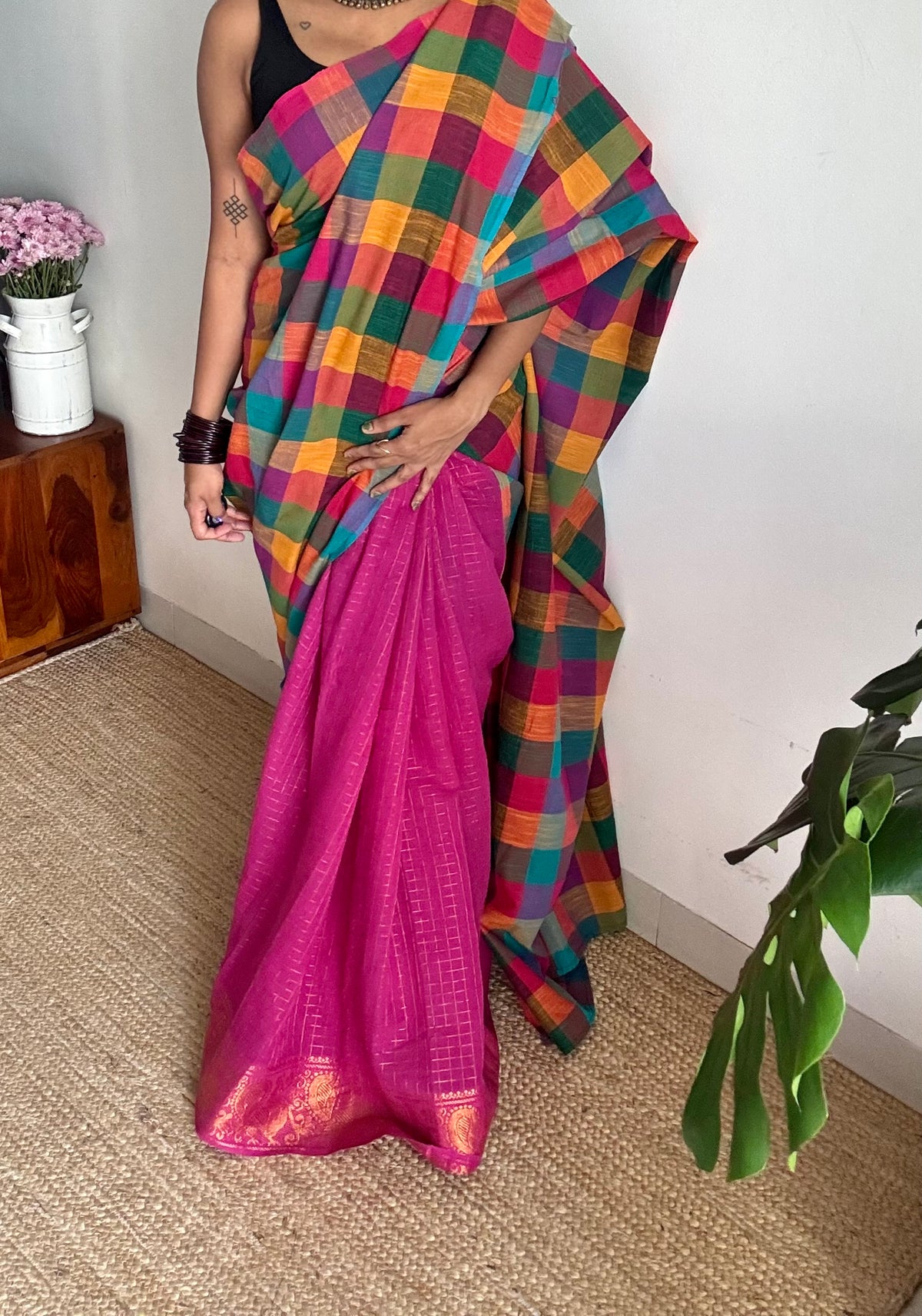 Light magenta with multicoloured madras checks, cotton half and half saree - YCCOTNIDOC159