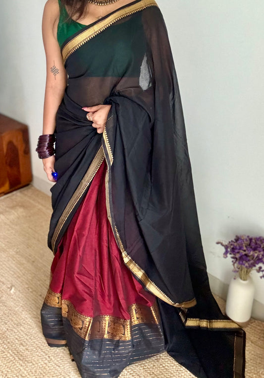 Maroon - Black unstitched half saree material (dhavani), narayanpet cotton - YCIEHS221