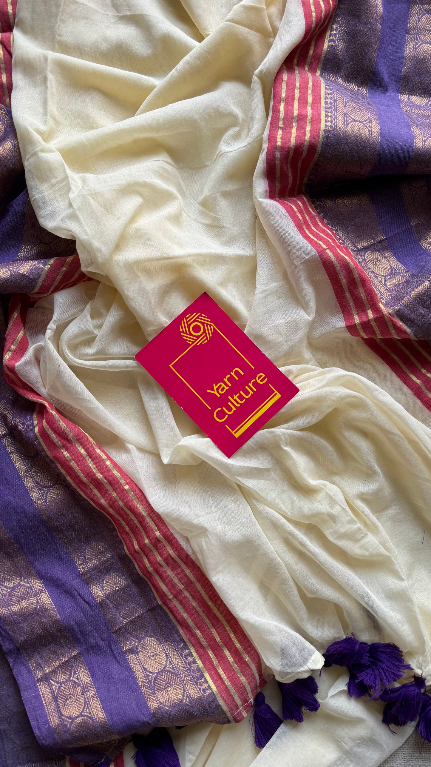 Ivory mul saree with purple and red motif zari border - YCBCMCFE299