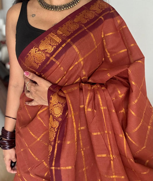 Brownish orange with maroon pavithra kattam sungudi, madurai cotton - YCCOTNMSAP143