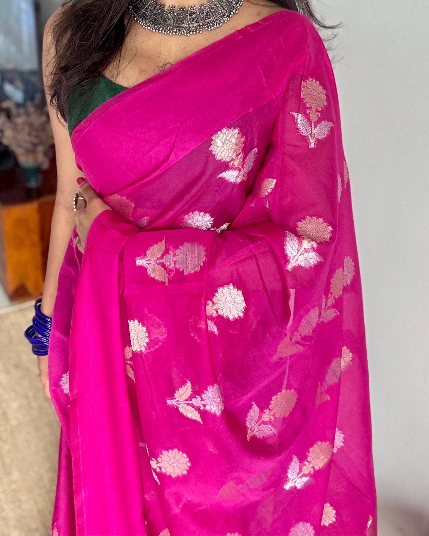 Rani pink with gold and silver floral buttas, Banarasi semi-crepe silk - YCDESE51