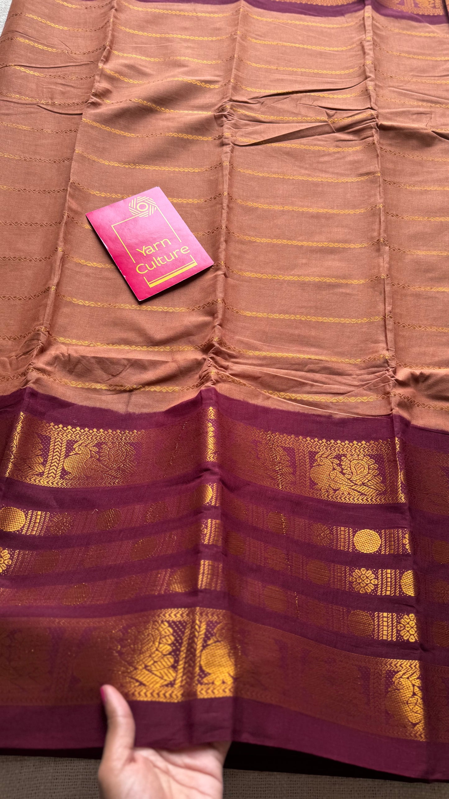 Light brown with maroon, peacock rudraksham motif, single side broad zari - madurai kattuchayam dyed - YCCOTNAUS33