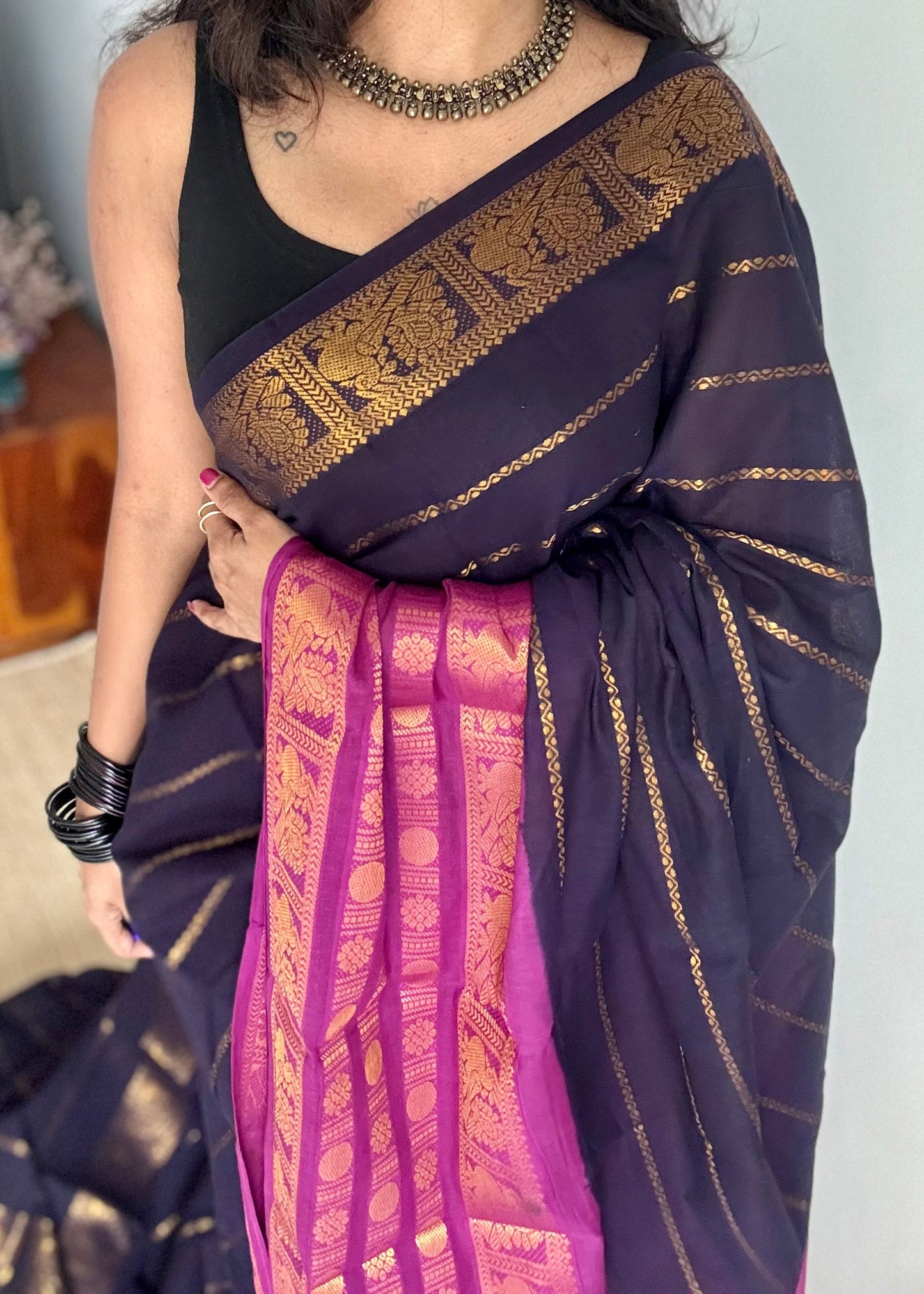 Dark blue with purple pink (vadamalli), peacock rudraksham motif, single side broad zari - madurai kattuchayam dyed - YCCOTNAURS18