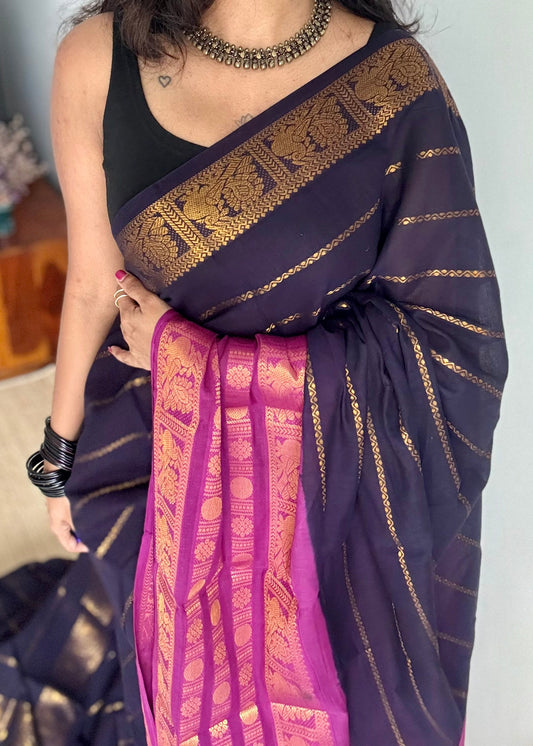 Dark blue with purple pink (vadamalli), peacock rudraksham motif, single side broad zari - madurai kattuchayam dyed - YCCOTNAURS18