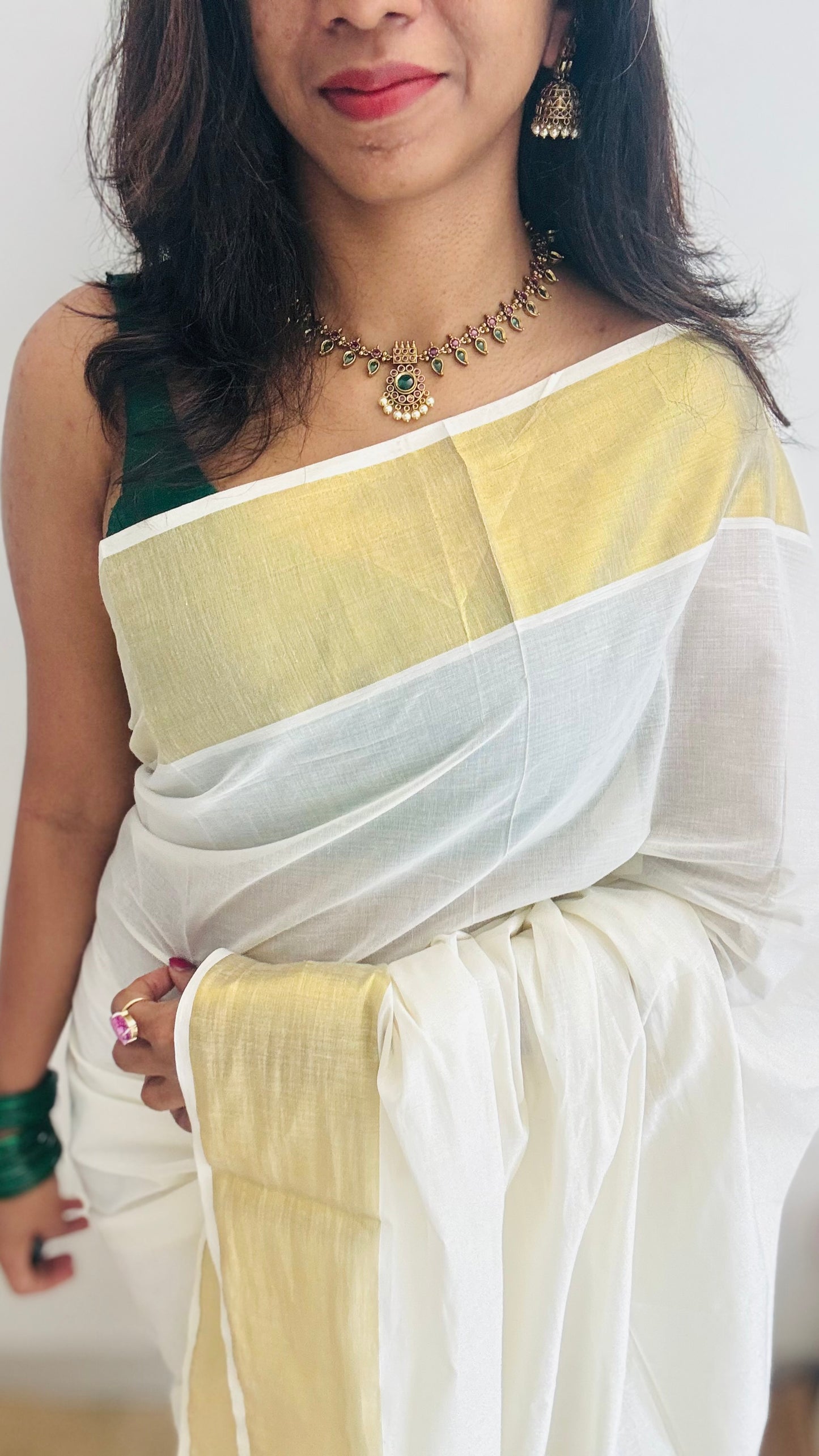 Green and dark pink palakka necklace with jhumka - YCAGC82
