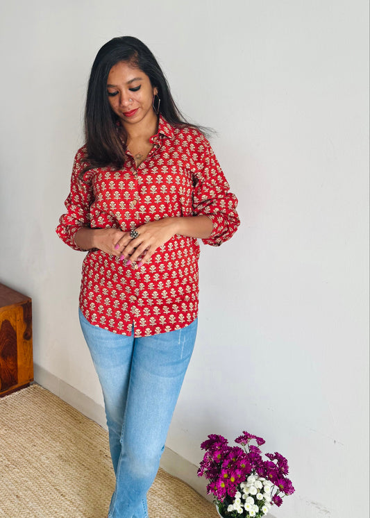 Rusty Charm - blockprinted cotton stitched shirt, collared neck, full sleeves - YCSEBPSJA222