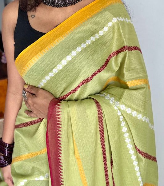 Dhonekhali handloom soft cotton saree, light green with maroon, yellow and white woven stripes - YCBCDFE264