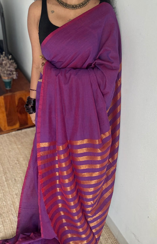 Purple pink dual tone with antique gold pallu, soft cotton - YCBCKZPSE06