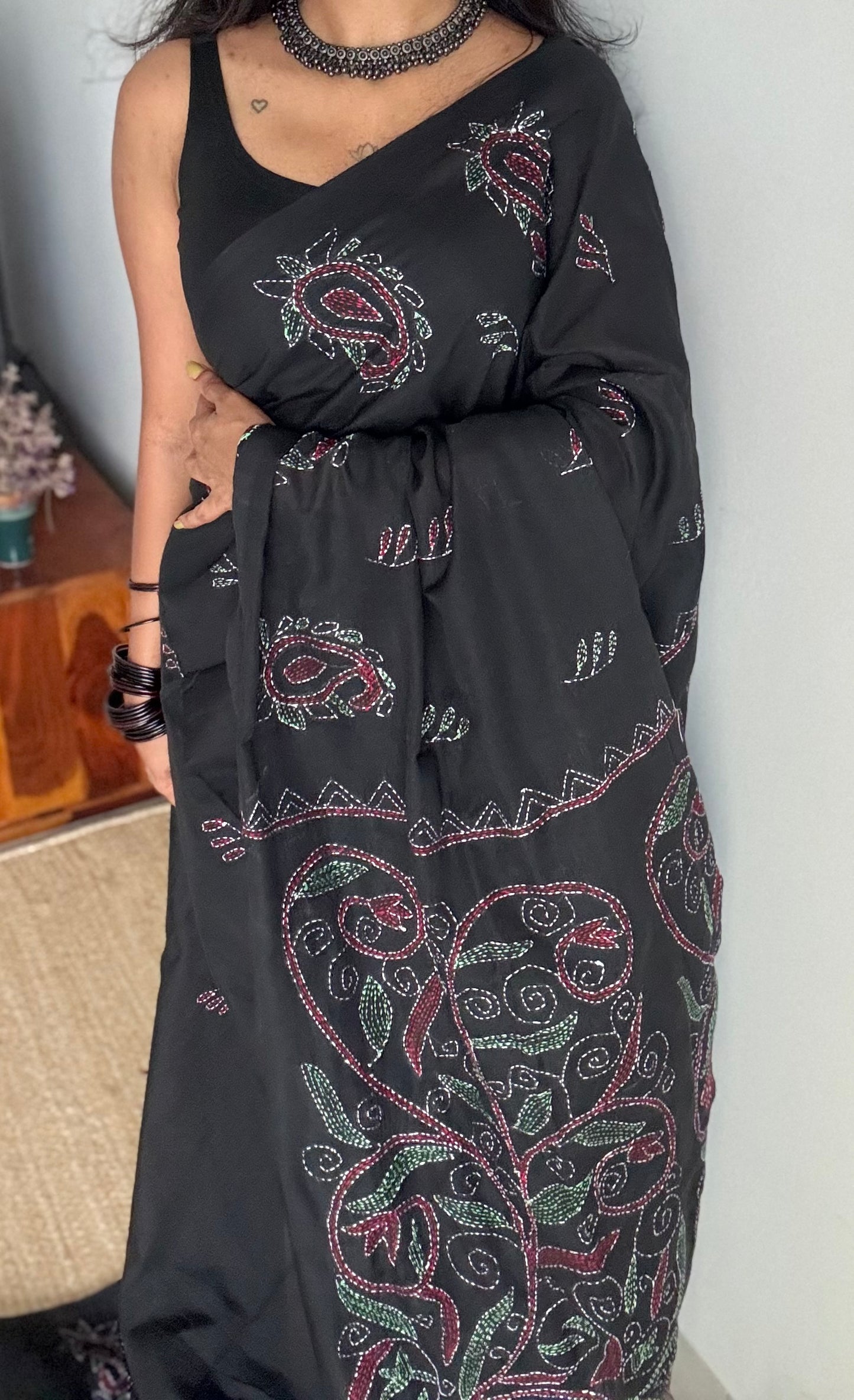 Kaaj Kaalo (কাজ কালো) - Embroidered Black, kantha weave in soft khadi cotton - YCBCSEKC08