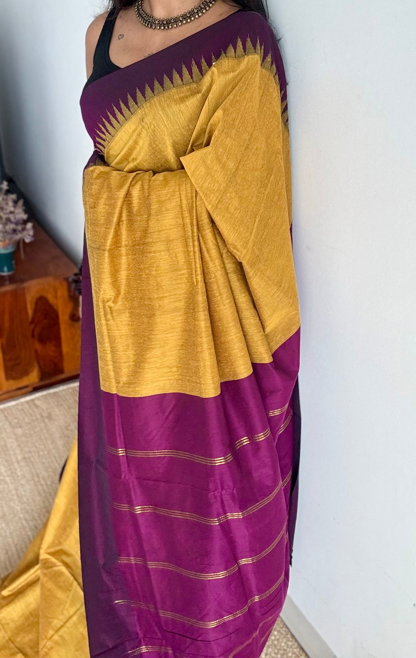 Yellow with wine temple border - kalyani cotton silk -YCCOTNSEKCS14