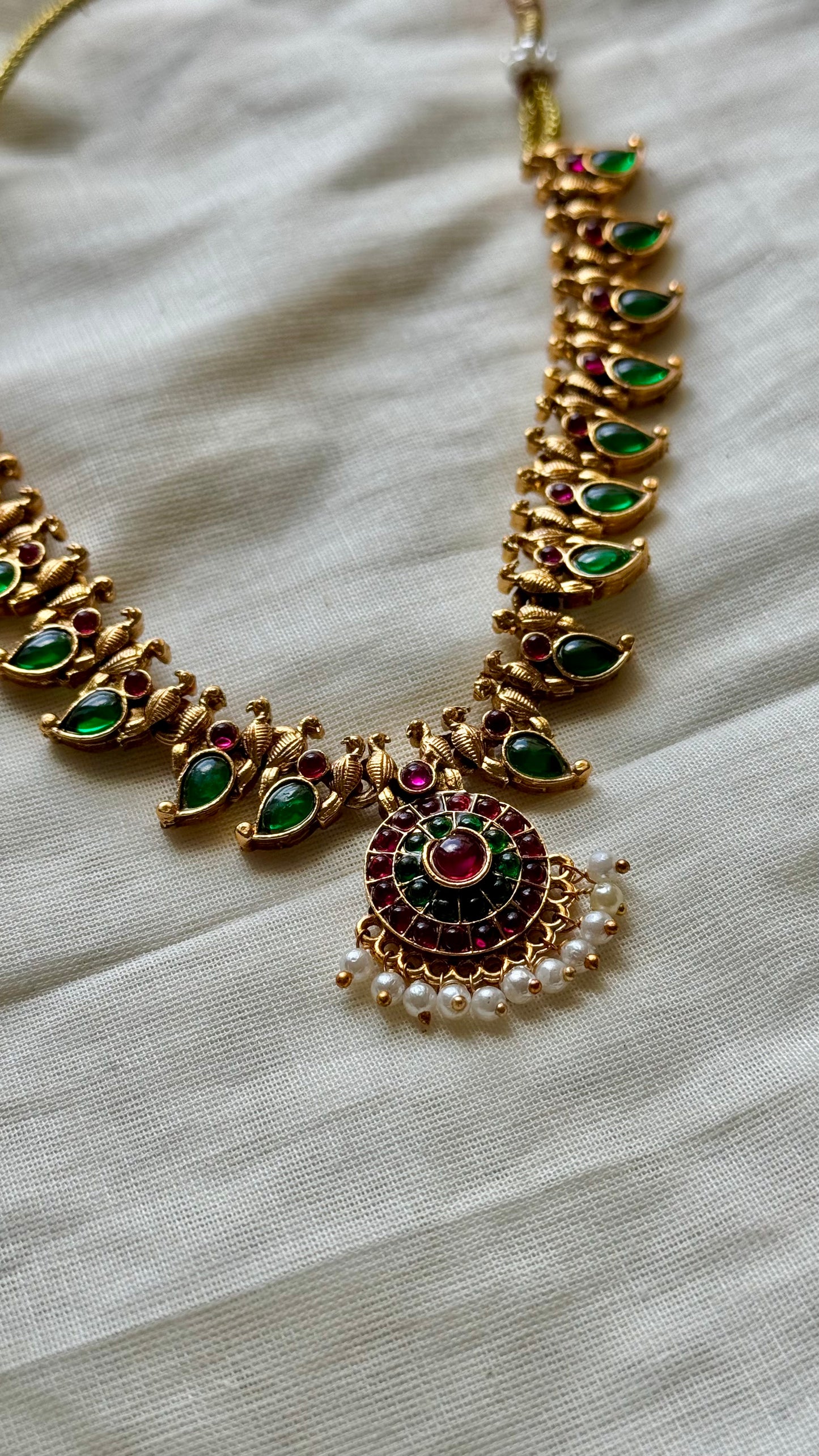 Antique gold palakka type, ruby and green stones with earrings - YCAGNP267