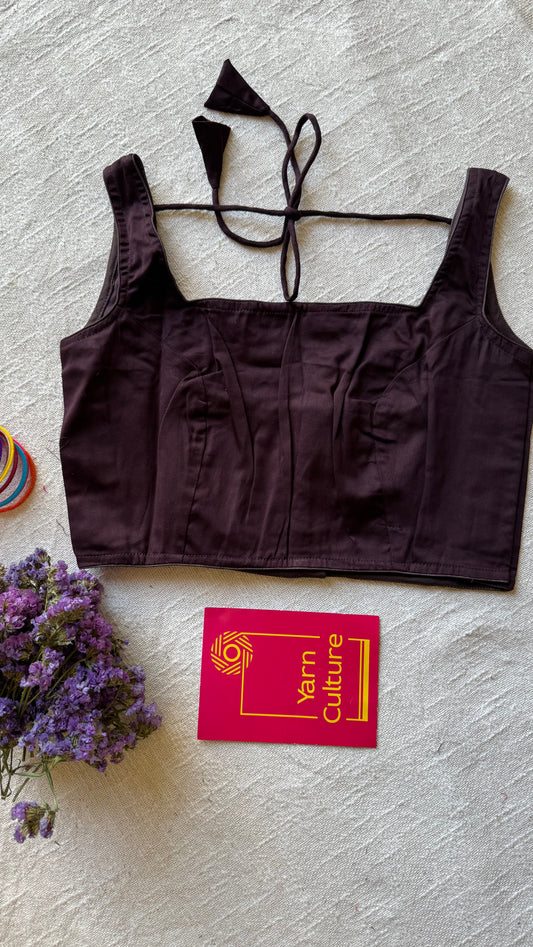 Dark brown sleeveless cotton silk stitched blouse, back open, non-padded - YCSESB65