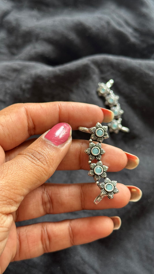 Oxidised silver, mint stone floral patterned earcuff - YCOSEC713