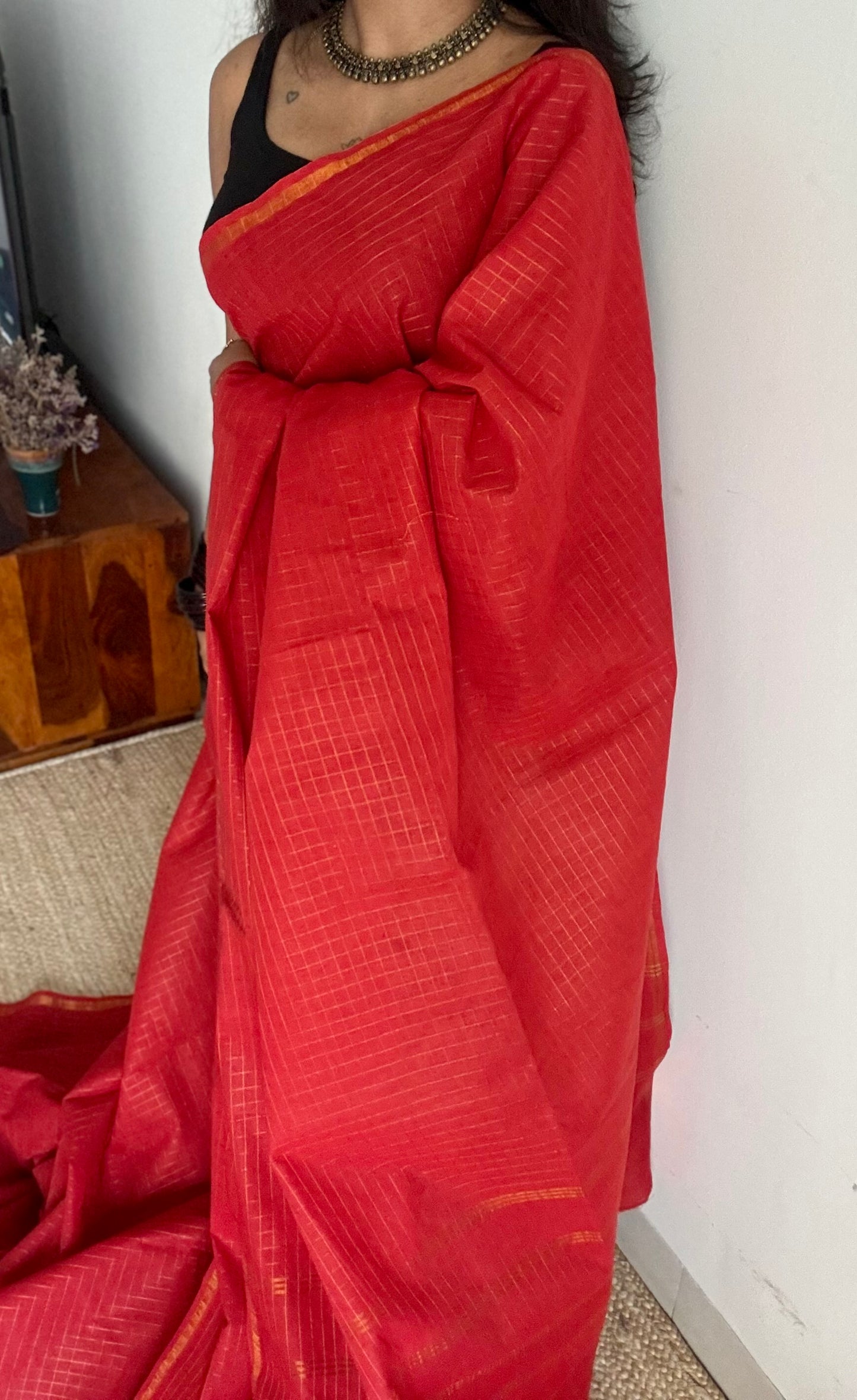 Chilli red mini kattam sungudi, madurai cotton - YCCOTNSEMS17
