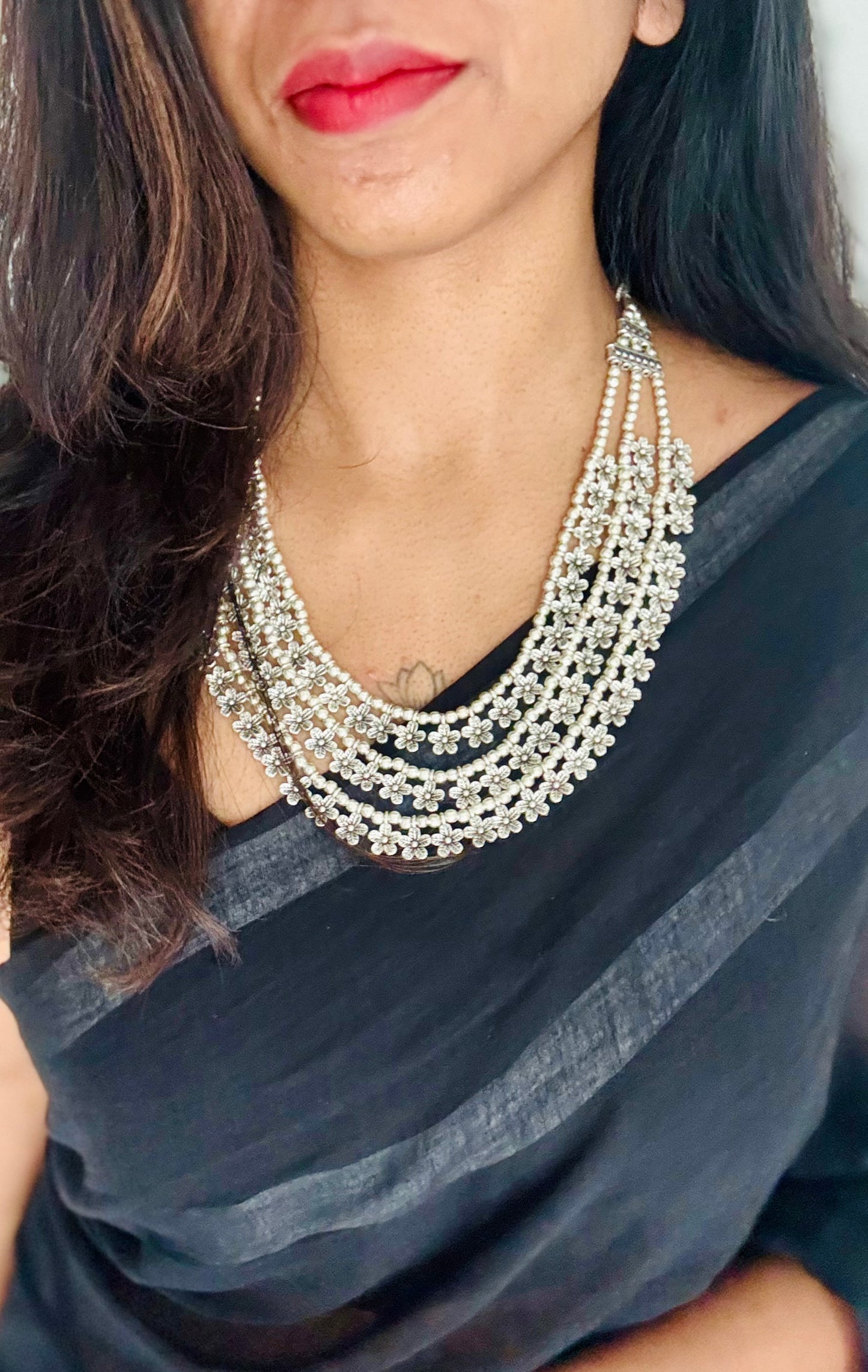 Three layered floral neckpiece, oxidised silver - YCOSNP309