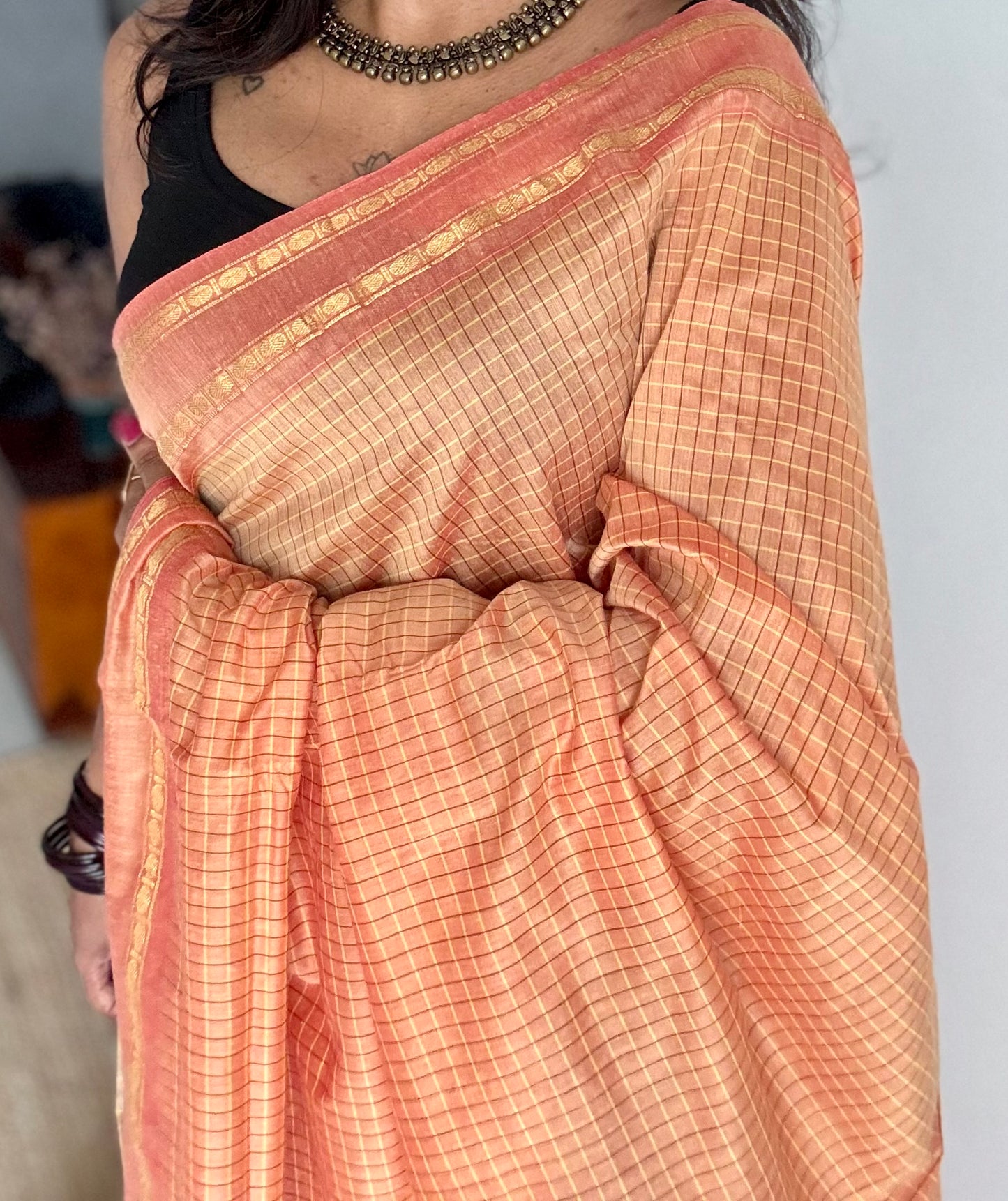 Salmon peach, arani checks, cotton silk - YCCOTNOCAR10
