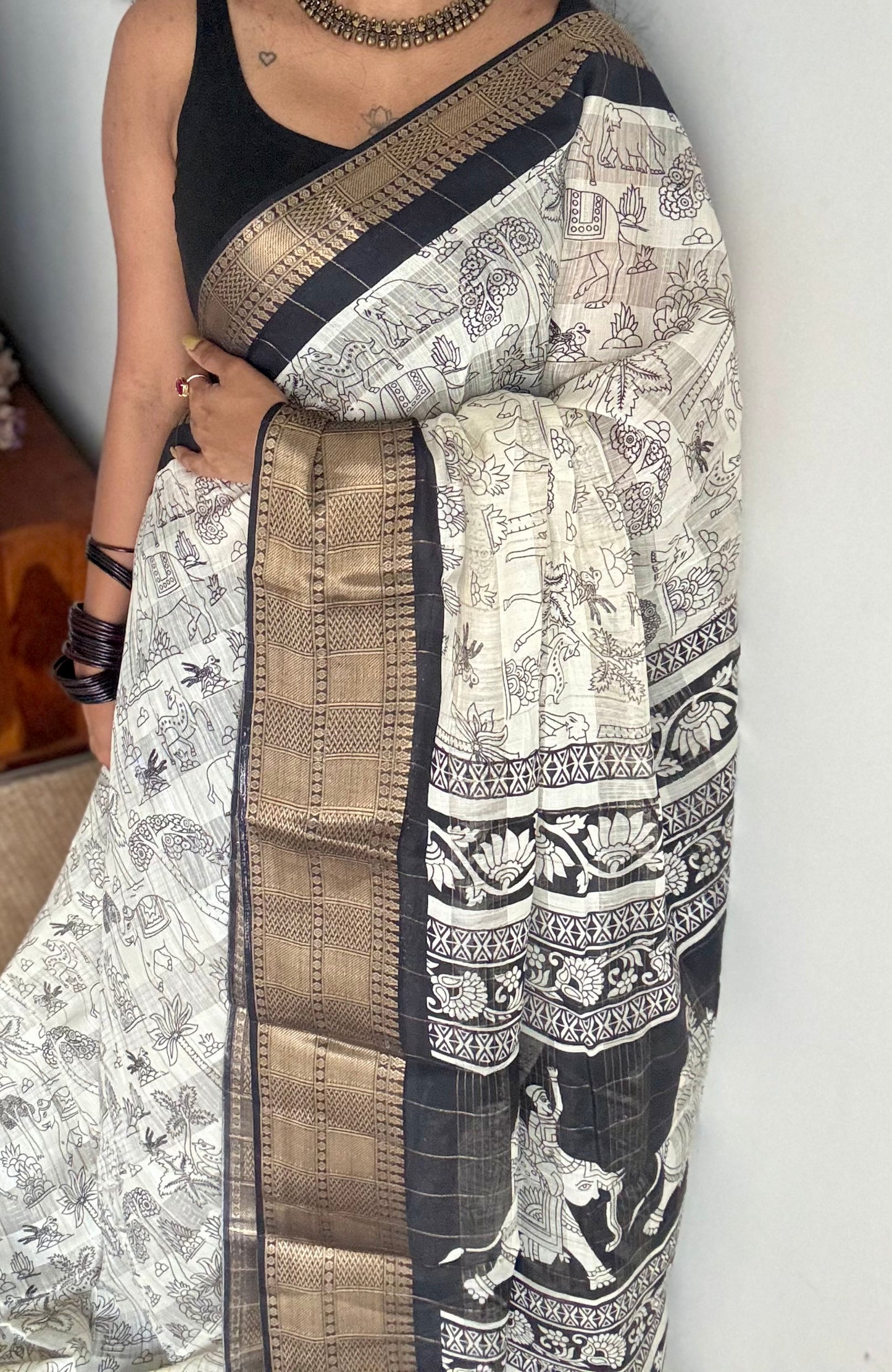 Off white and black, printed kalamkari, semi-tussar - YCWOTDSTK09