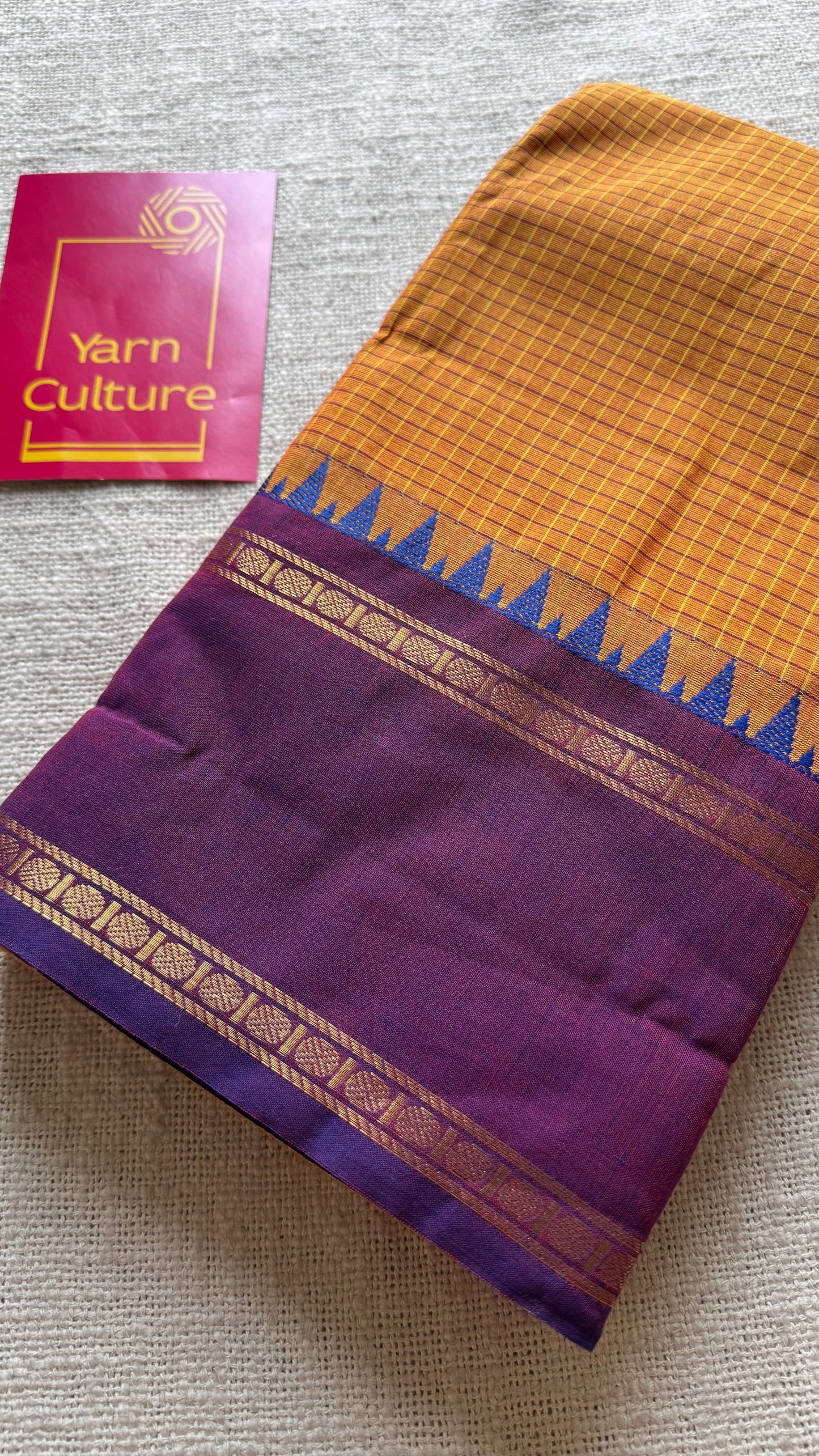 Orange with purple border, temple motifs, checkered body, kanchi cotton - YCCOTNOCKC26