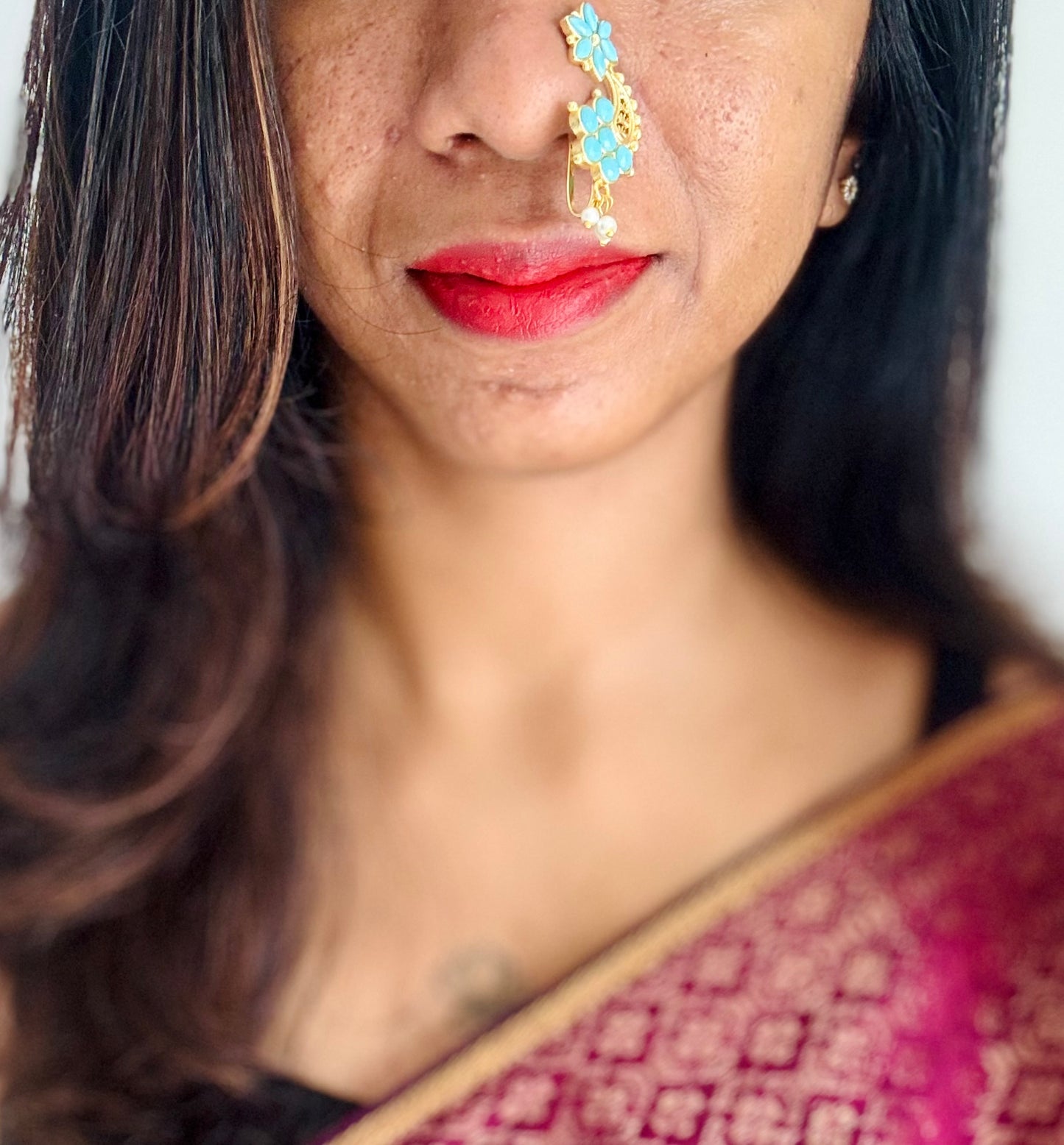 Gold plated, turquoise coloured stone, clip on Maharashtrian nath - YCGPNC203