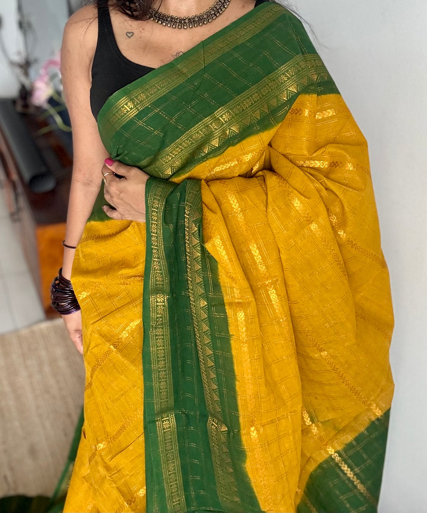 Ginger yellow with dark green, Adayar checks with velthaari pattern, madurai cotton - YCCOTNOCSC04