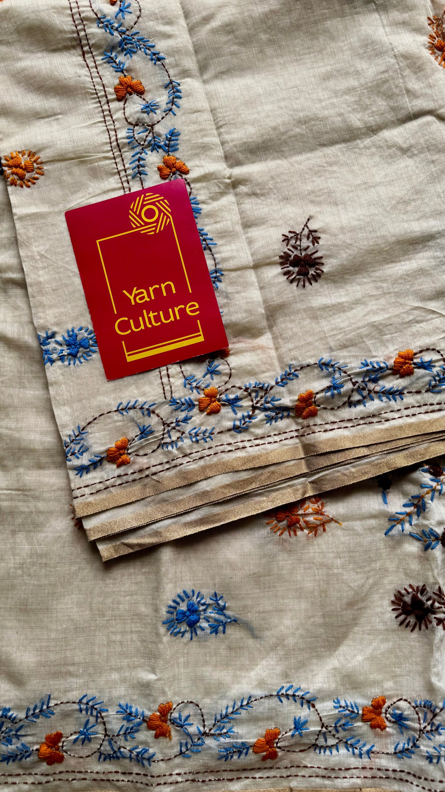 Ivory maheshwari cotton silk blend with yellow and blue floral kantha threadwork - YCBLAUMK11