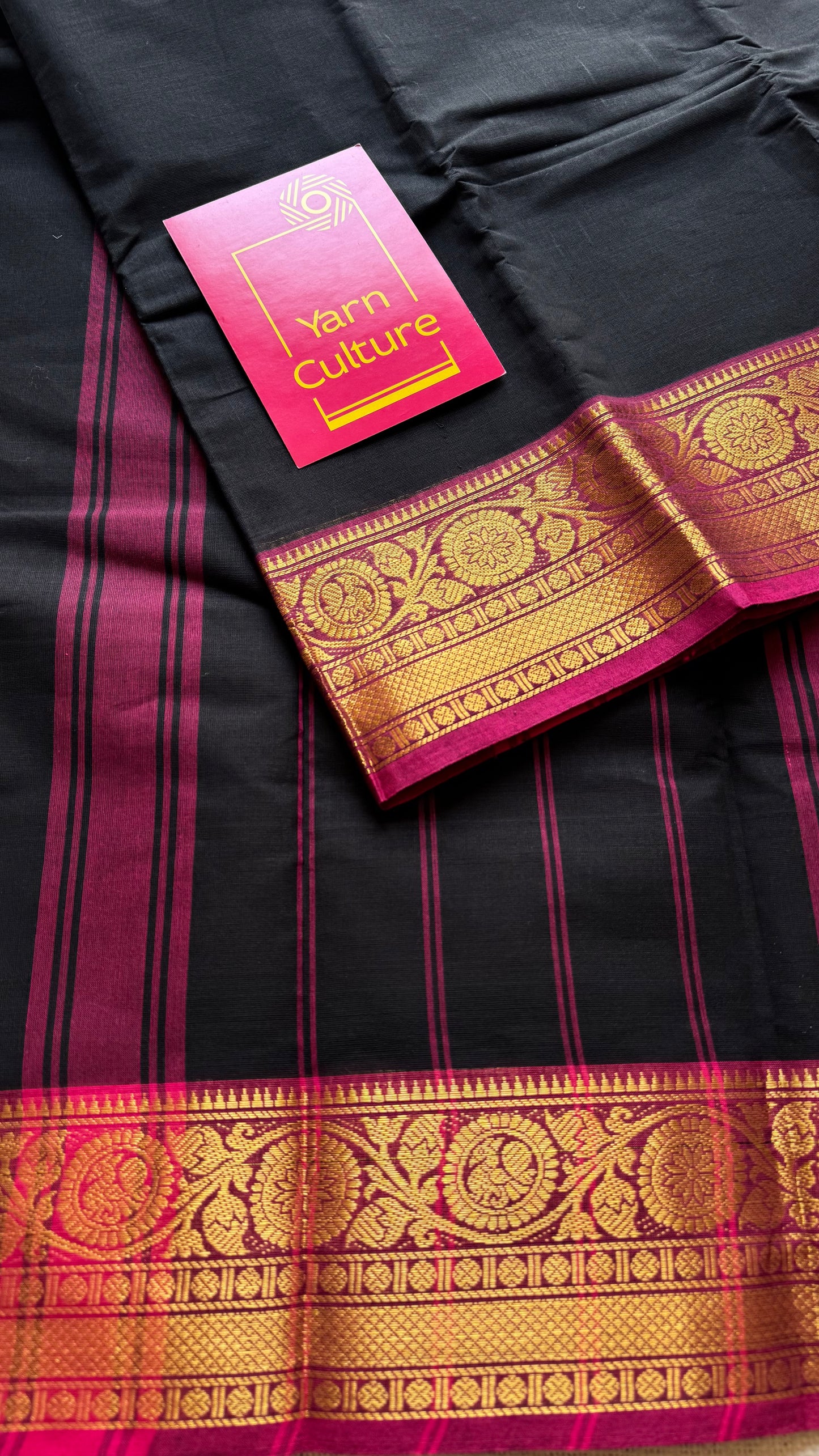 Black with magenta gold zari border Chettinad cotton saree - YCCOTNCCFE156